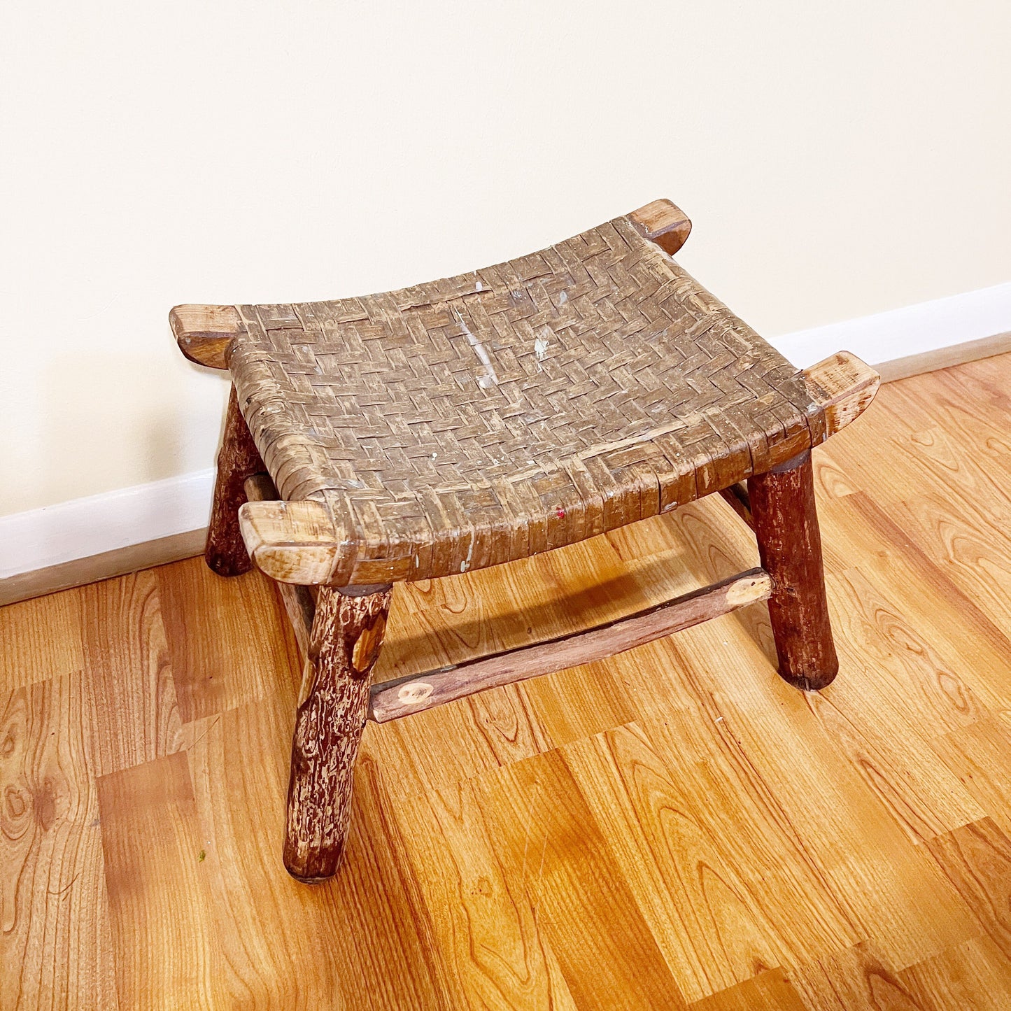 Vintage Columbus Hickory Chair Co. Foot Stool | Vintage Hickory Style Footstool with Woven Seat | Columbus Indiana Furniture
