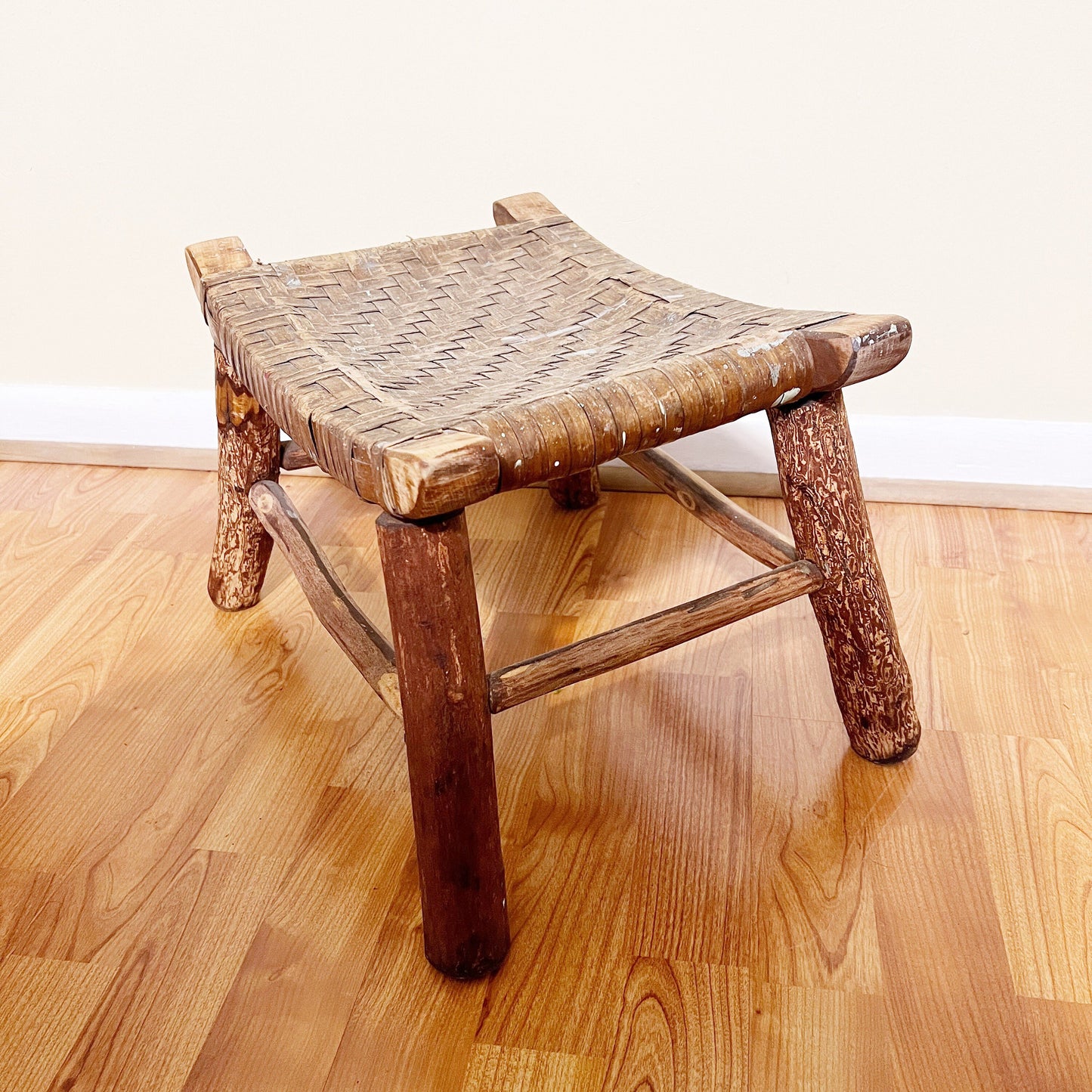 Vintage Columbus Hickory Chair Co. Foot Stool | Vintage Hickory Style Footstool with Woven Seat | Columbus Indiana Furniture