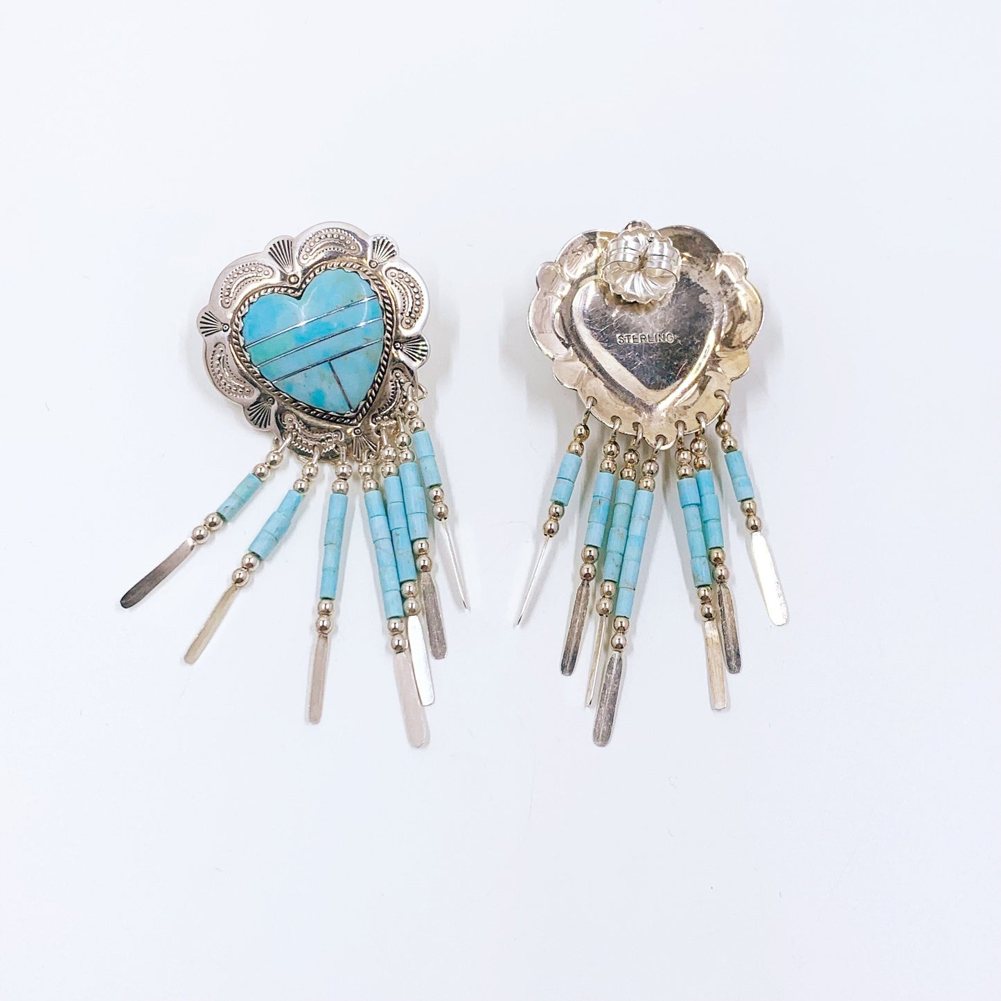 Vintage Concho Turquoise Heart Inlay Earrings | Turquoise Inlay Heart Dangle Earrings