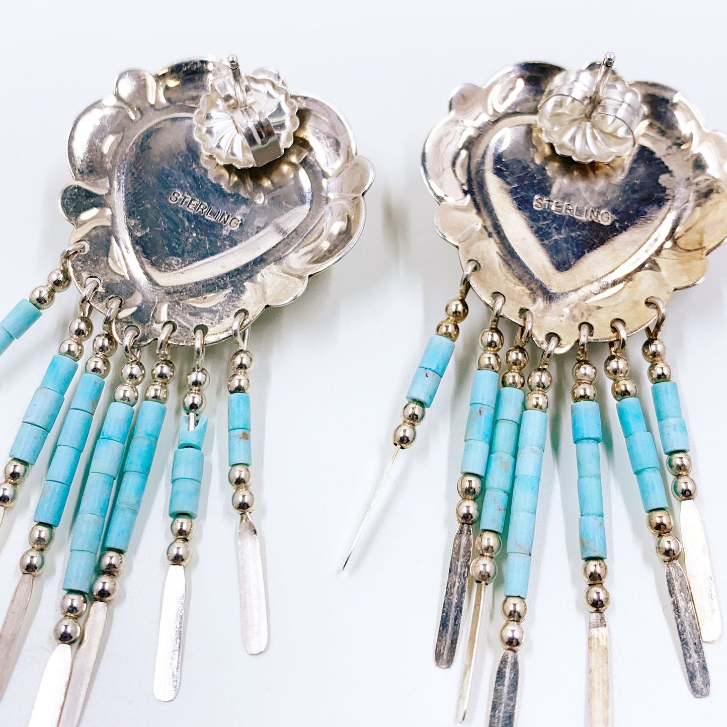 Vintage Concho Turquoise Heart Inlay Earrings | Turquoise Inlay Heart Dangle Earrings