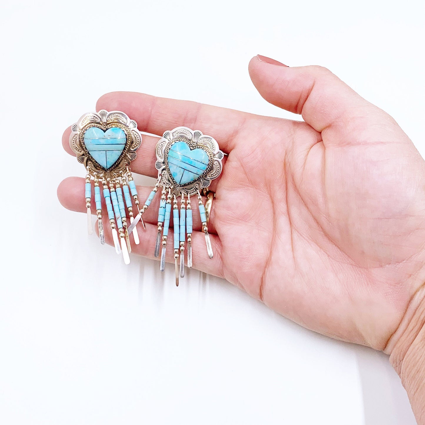 Vintage Concho Turquoise Heart Inlay Earrings | Turquoise Inlay Heart Dangle Earrings