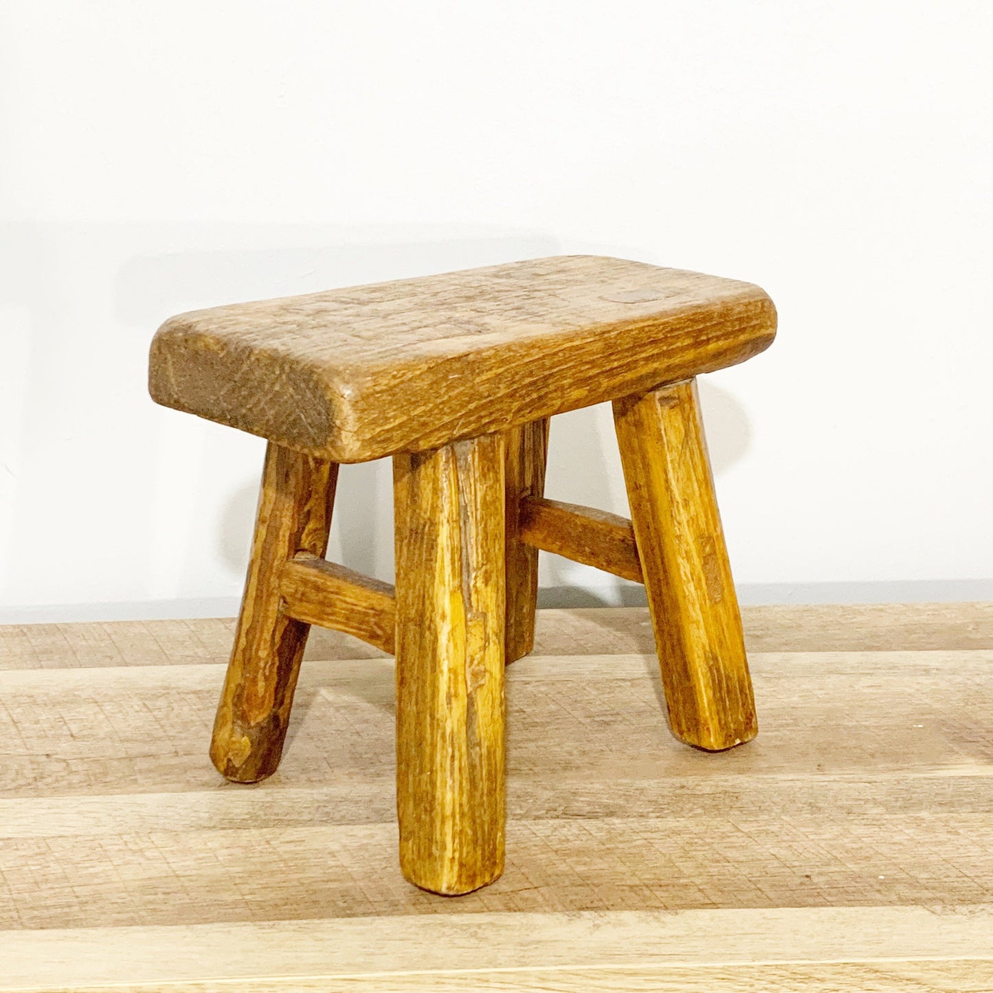 Vintage Rustic Wooden Stool | Primitive Farmhouse Wood Peg Joint Stool