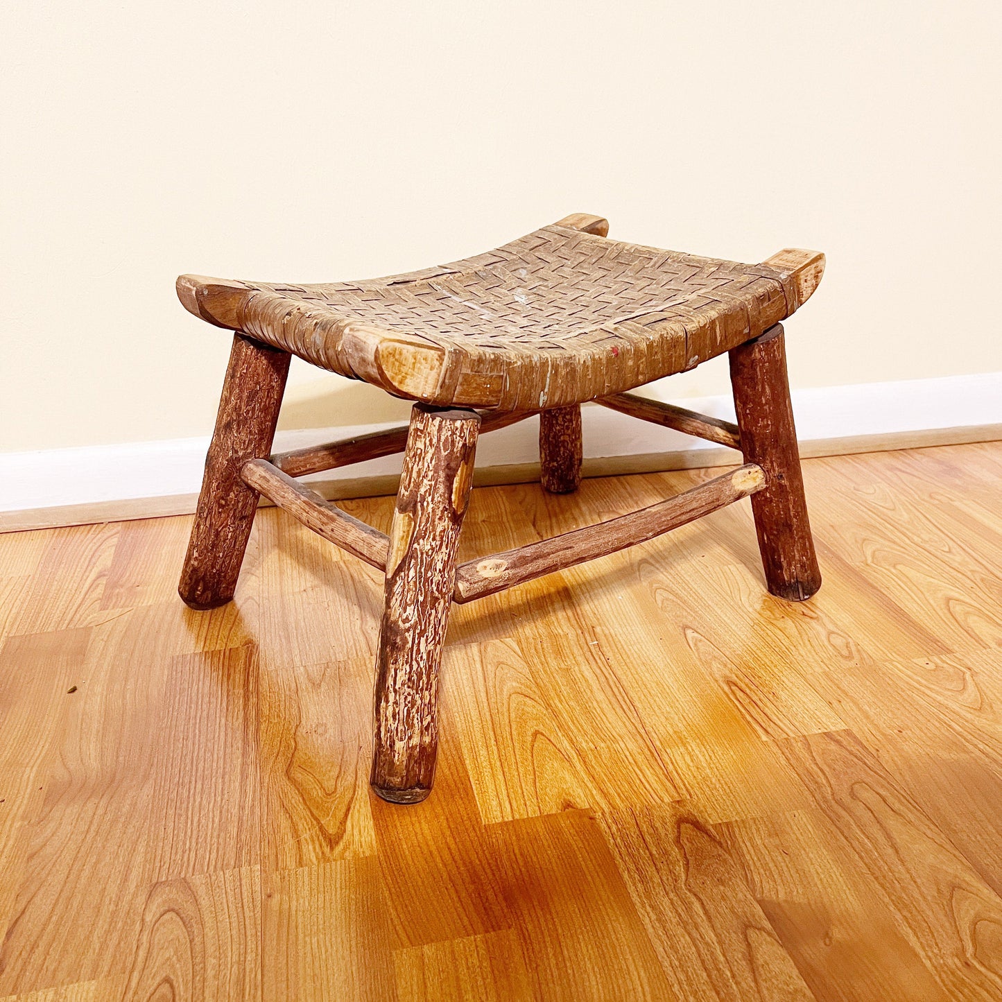 Vintage Columbus Hickory Chair Co. Foot Stool | Vintage Hickory Style Footstool with Woven Seat | Columbus Indiana Furniture