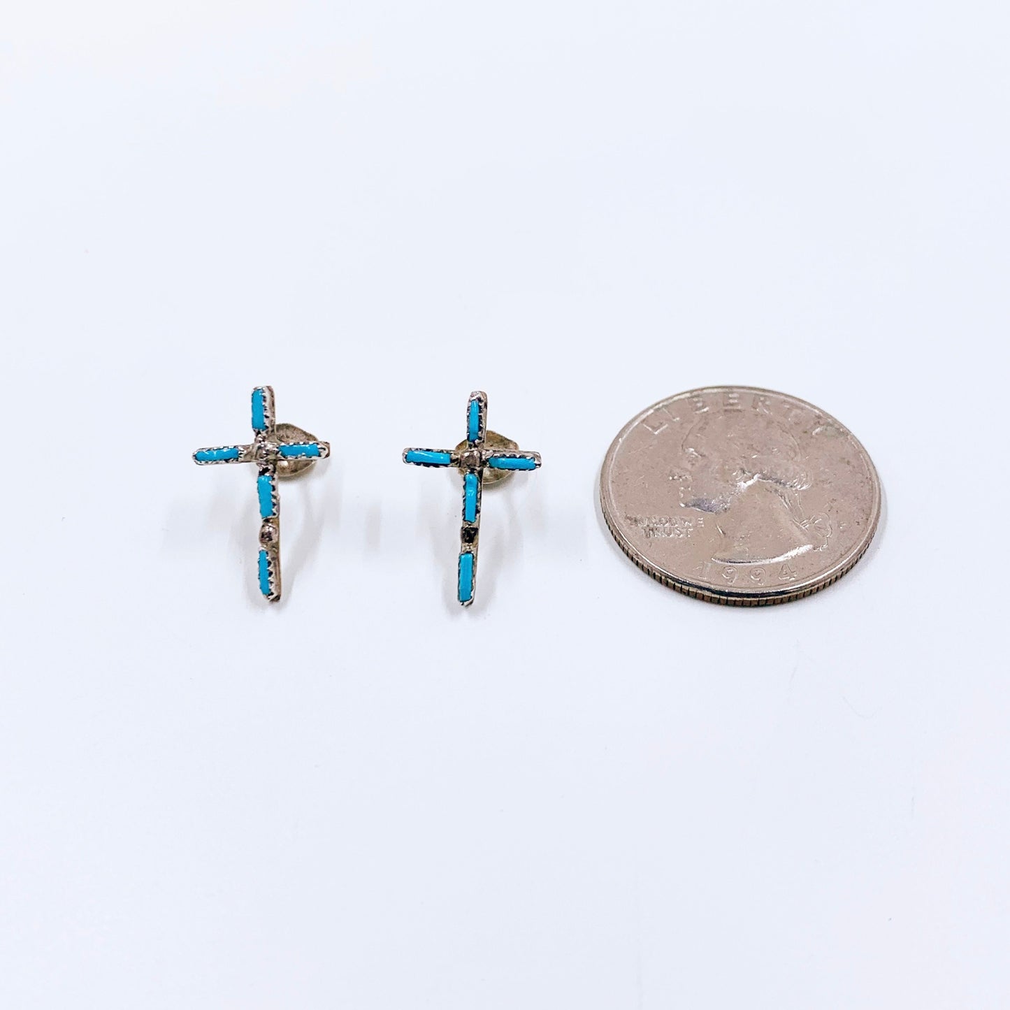 Vintage Turquoise Needle Point Cross Earrings | Sterling Southwest Turquoise Stud Earrings | Needle Point Stud Earrings