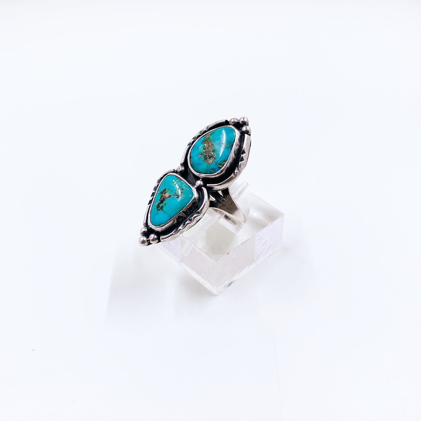 Vintage Silver Turquoise Two Stone Ring | Large Silver Turquoise Ring | Size 7 1/2