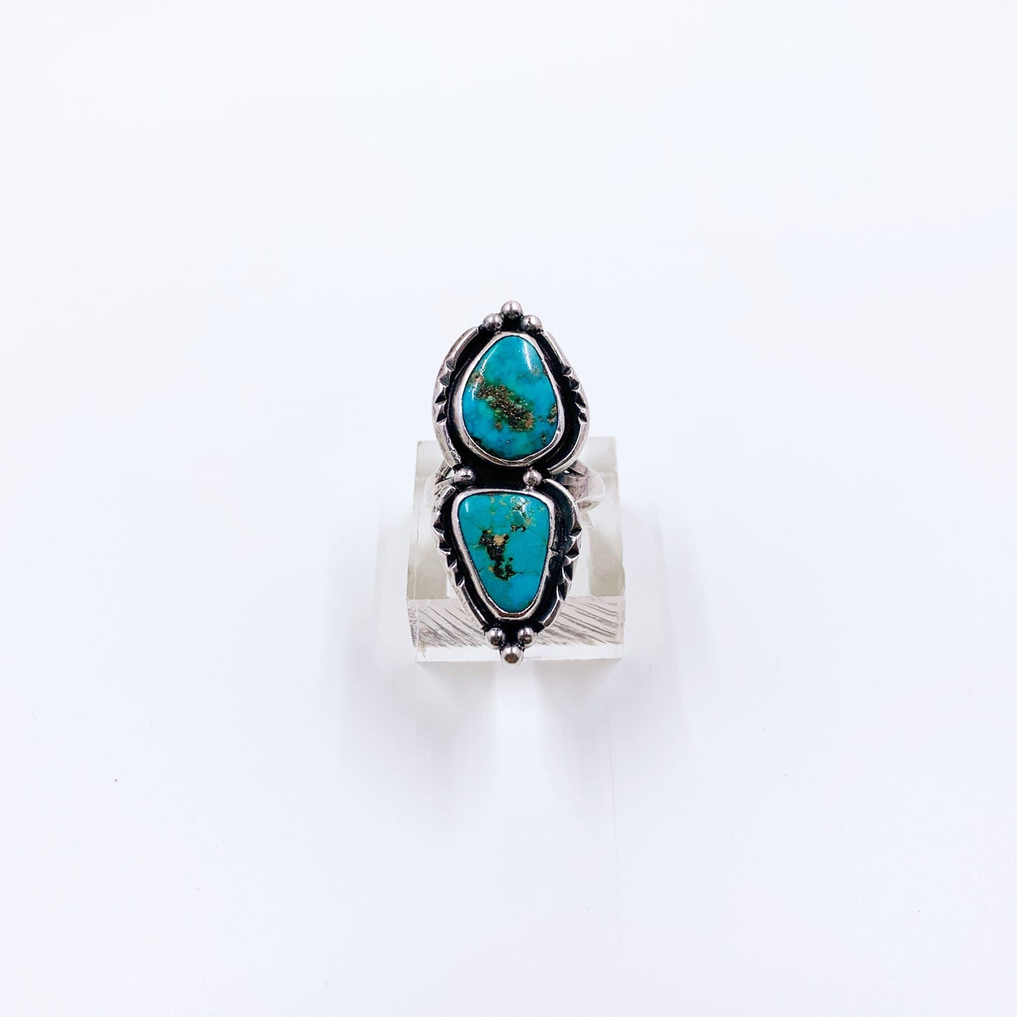 Vintage Silver Turquoise Two Stone Ring | Large Silver Turquoise Ring | Size 7 1/2