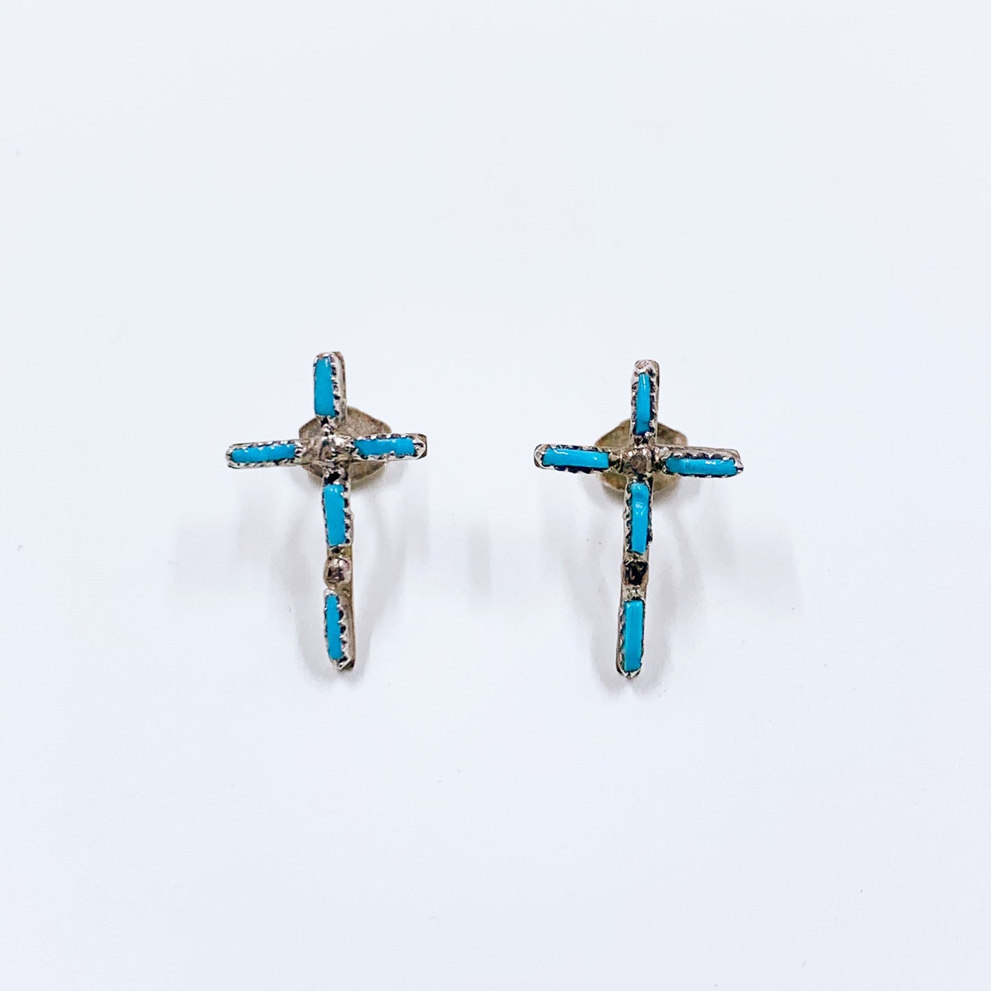 Vintage Turquoise Needle Point Cross Earrings | Sterling Southwest Turquoise Stud Earrings | Needle Point Stud Earrings