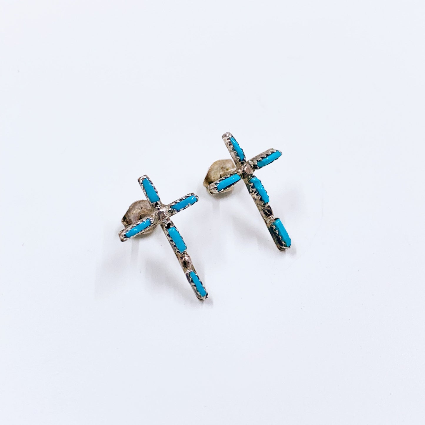 Vintage Turquoise Needle Point Cross Earrings | Sterling Southwest Turquoise Stud Earrings | Needle Point Stud Earrings