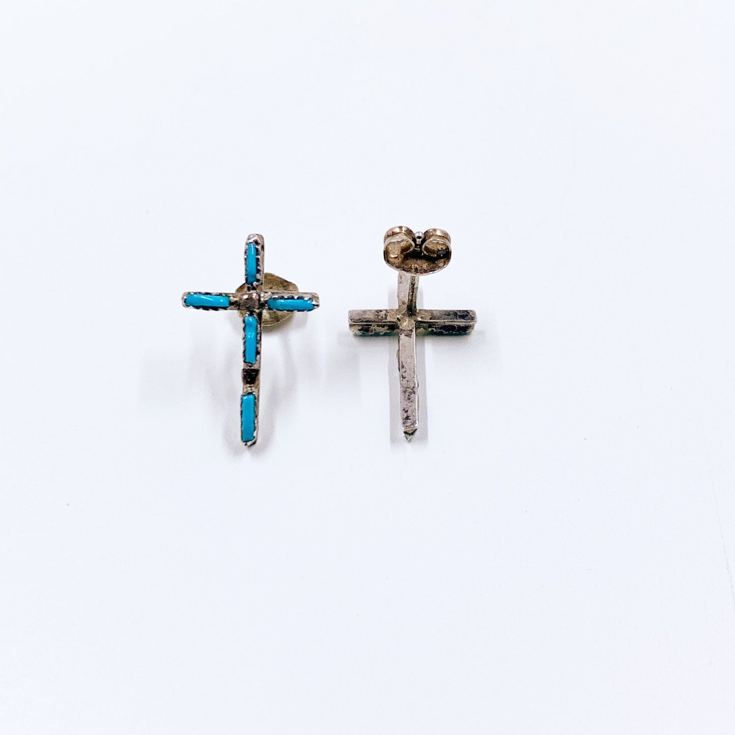 Vintage Turquoise Needle Point Cross Earrings | Sterling Southwest Turquoise Stud Earrings | Needle Point Stud Earrings