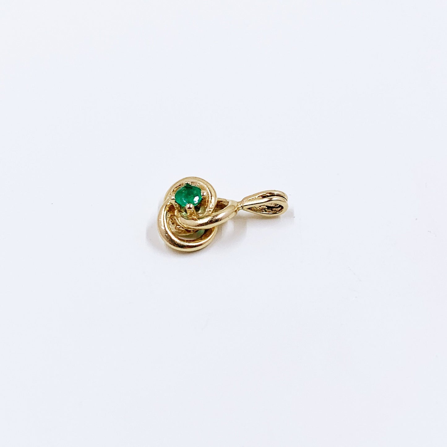 Vintage 14K Gold Love Knot Charm | 14k Emerald Solitaire Pendant | May Birthstone Pendant