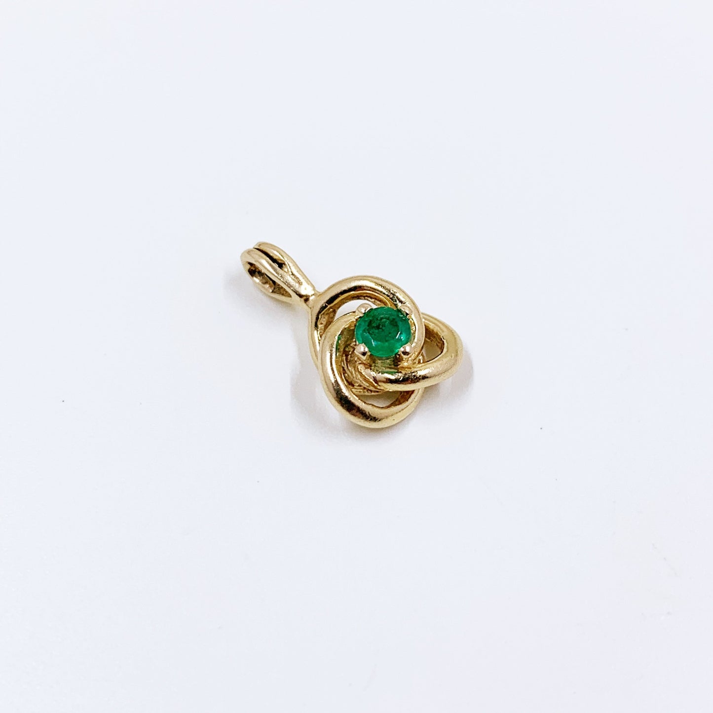 Vintage 14K Gold Love Knot Charm | 14k Emerald Solitaire Pendant | May Birthstone Pendant