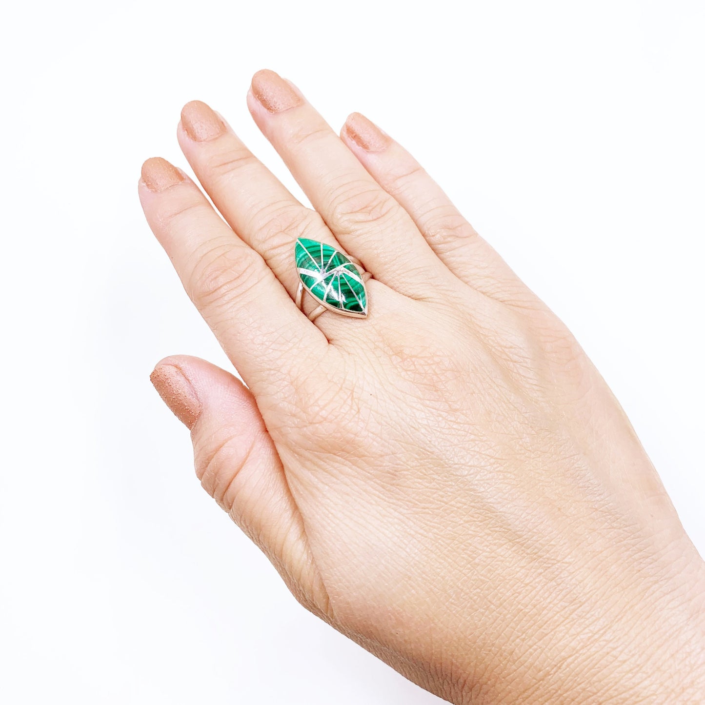 Vintage Silver Malachite Inlay Ring | Silver Malachite Navette Ring | Size 7 1/2 Ring