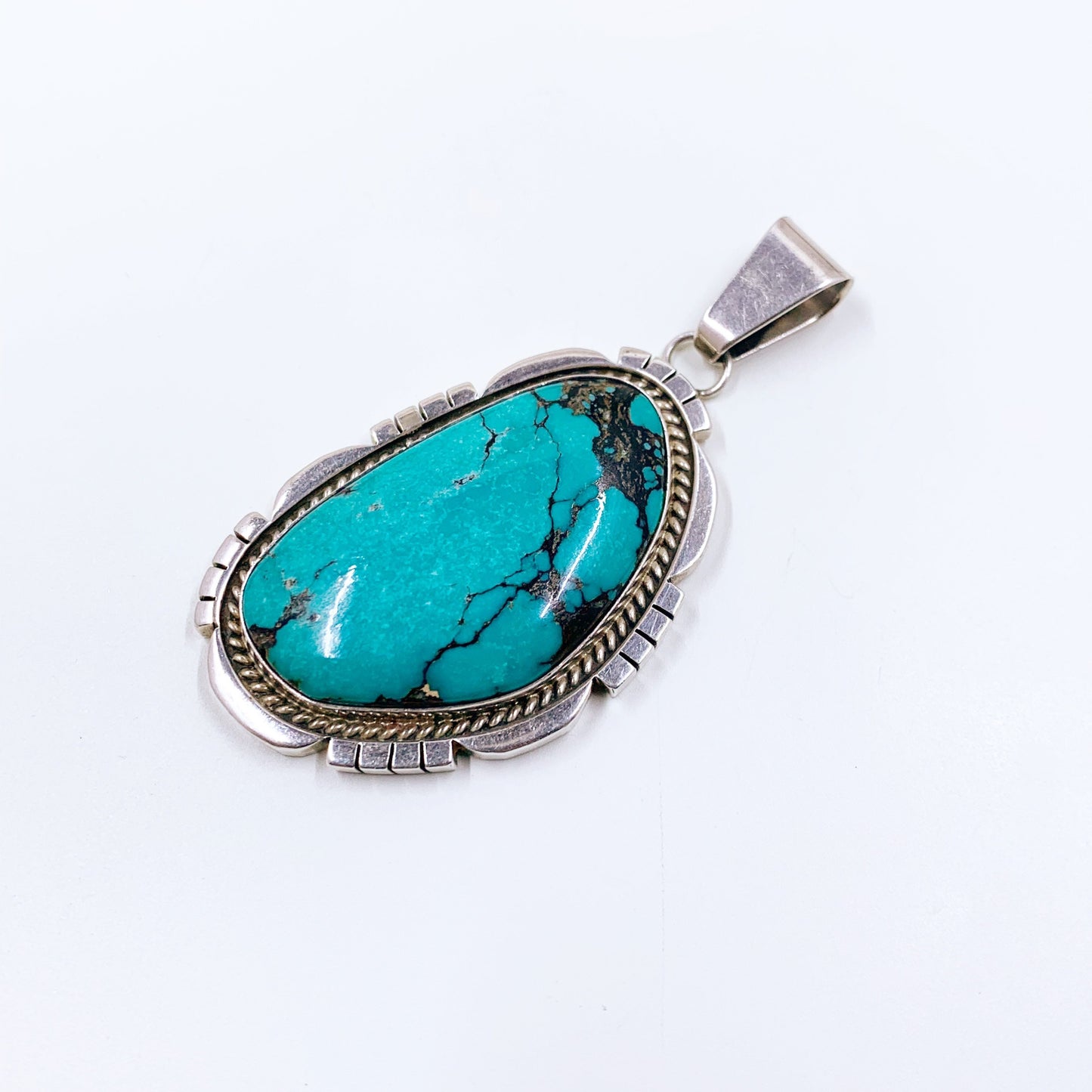 Vintage Navajo Turquoise Pendant by Darrin Livingston  | Large Silver Turquoise Stone Pendant