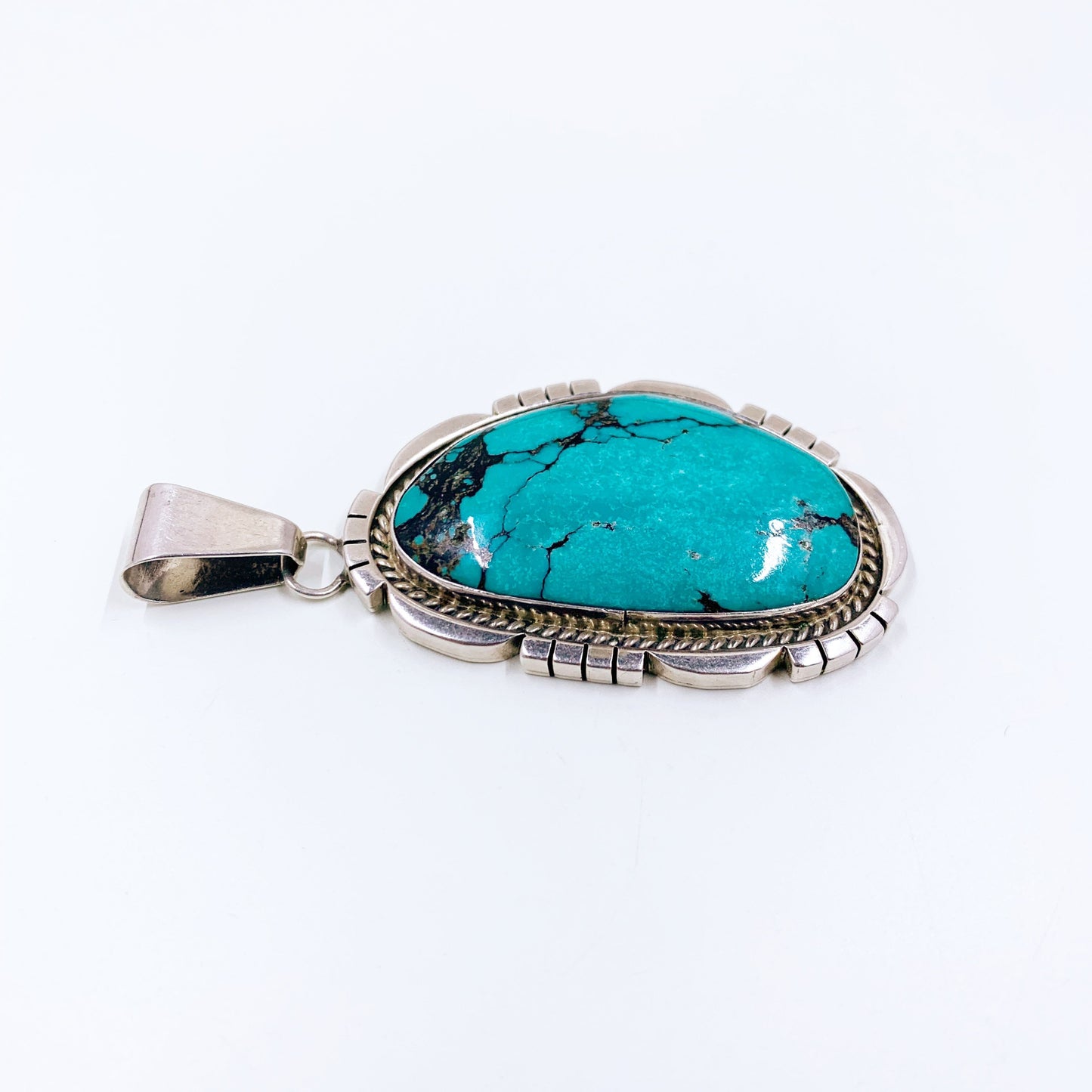 Vintage Navajo Turquoise Pendant by Darrin Livingston  | Large Silver Turquoise Stone Pendant
