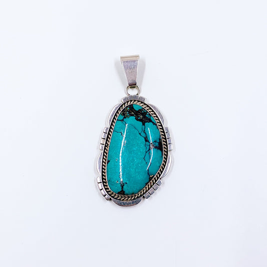 Vintage Navajo Turquoise Pendant by Darrin Livingston  | Large Silver Turquoise Stone Pendant