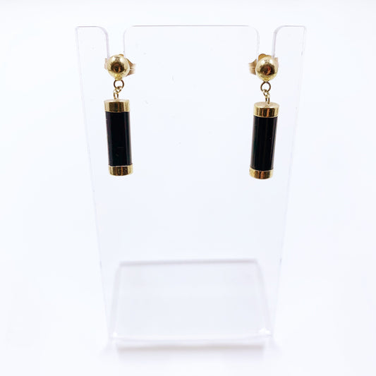 Estate 10K Gold Onyx Barrel Drop Earrings | Dangle Black Onyx Earrings