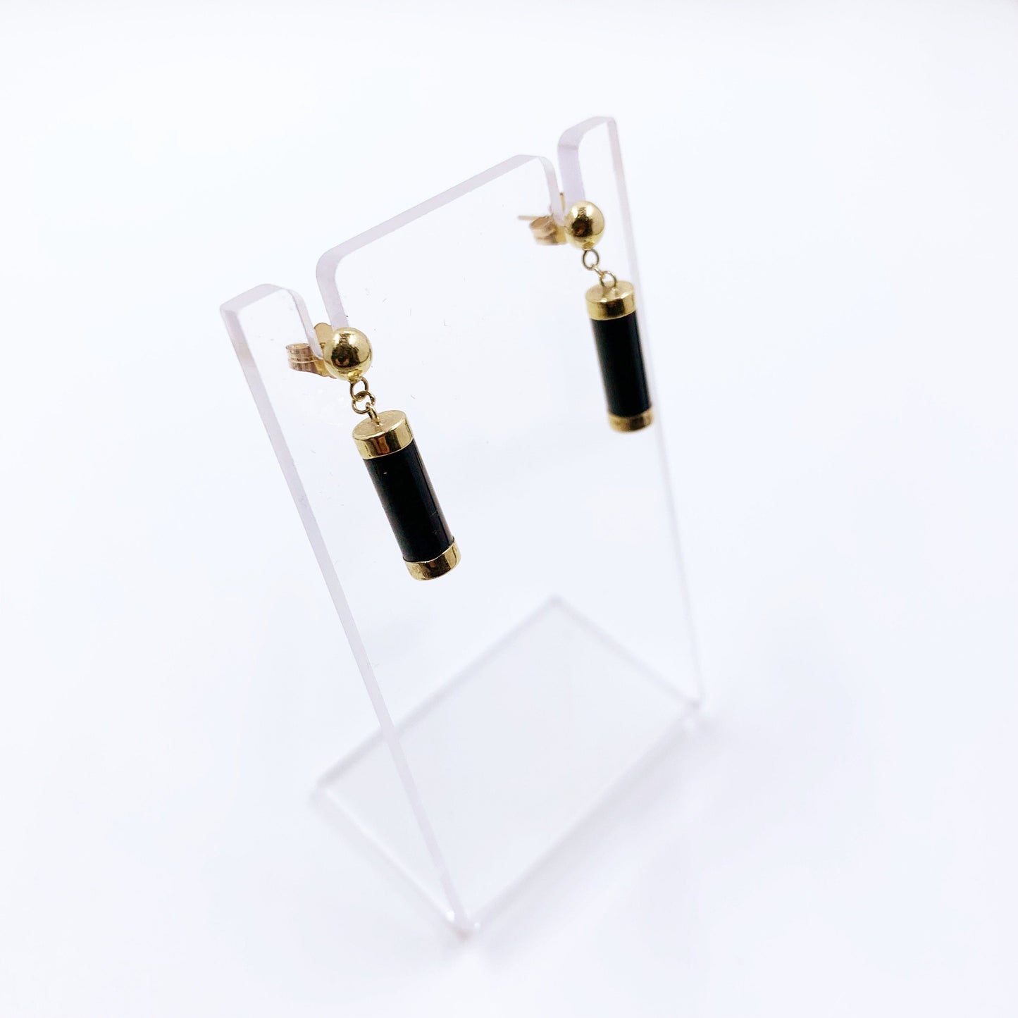 Estate 10K Gold Onyx Barrel Drop Earrings | Dangle Black Onyx Earrings