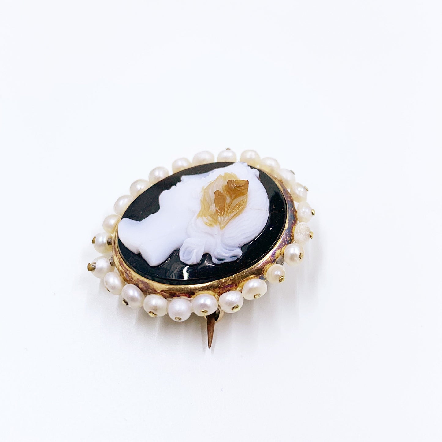 Antique Hard Stone Cameo Brooch | Carved Hardstone with Seed Pearl Surround