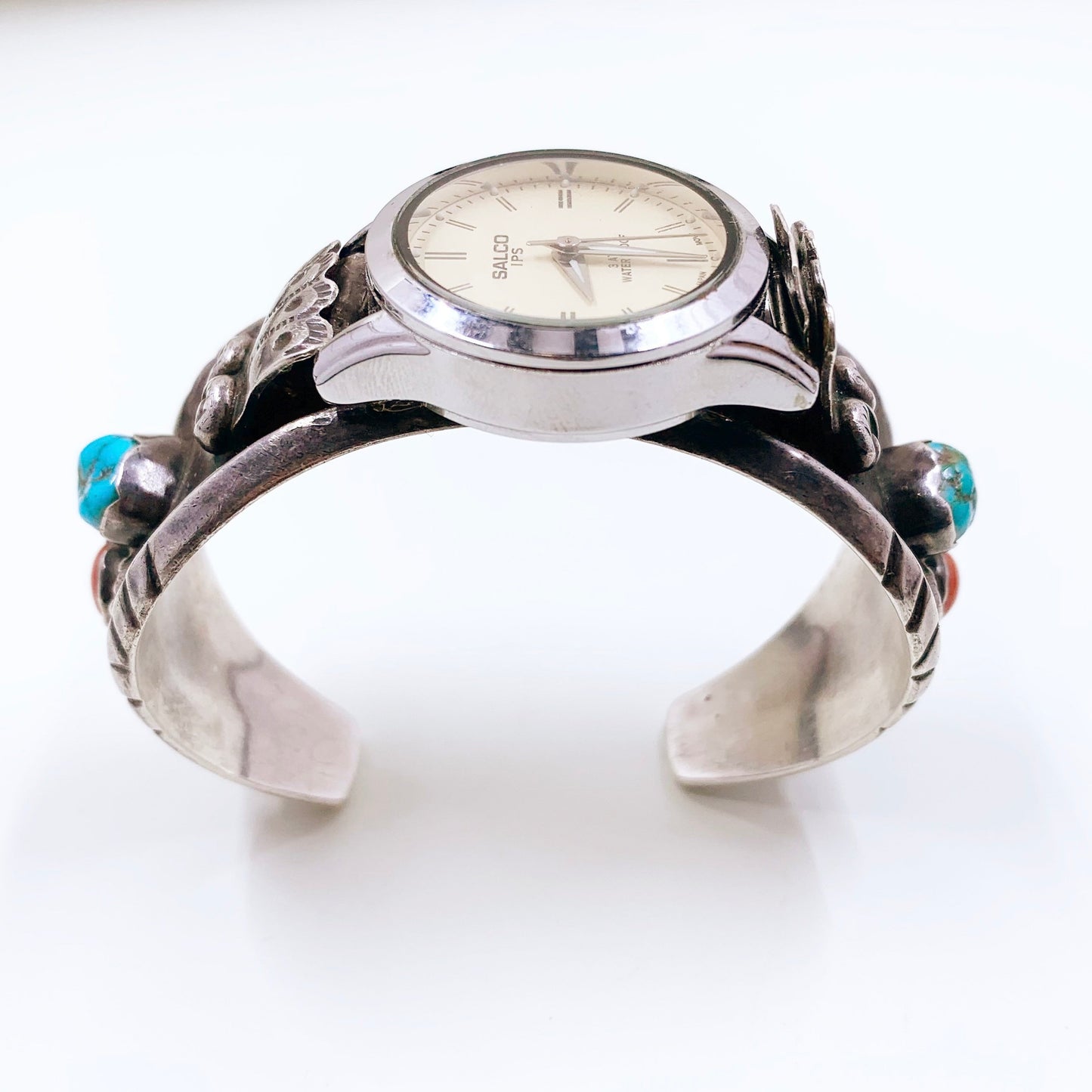 Vintage Silver Turquoise and Coral Watch Cuff | Southwest Silver Watch Cuff Bracelet