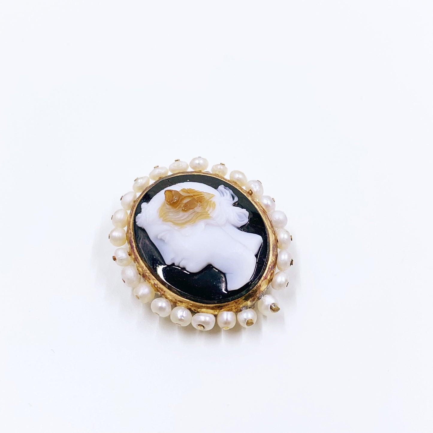 Antique Hard Stone Cameo Brooch | Carved Hardstone with Seed Pearl Surround