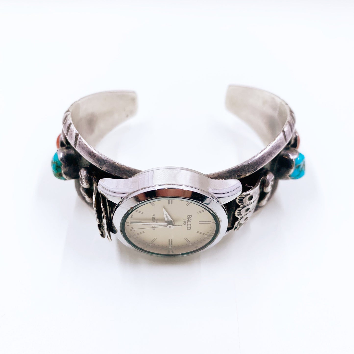 Vintage Silver Turquoise and Coral Watch Cuff | Southwest Silver Watch Cuff Bracelet