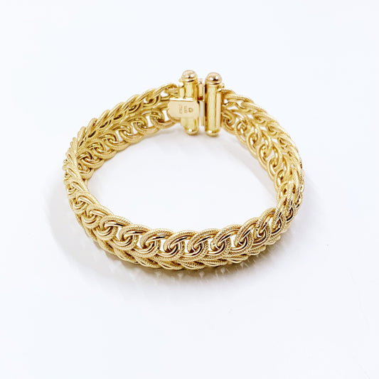 Vintage 14k Italian Gold Textured Link Woven Bracelet | 7.6875 inch Gold Bracelet | 14.8 mm Bracelet