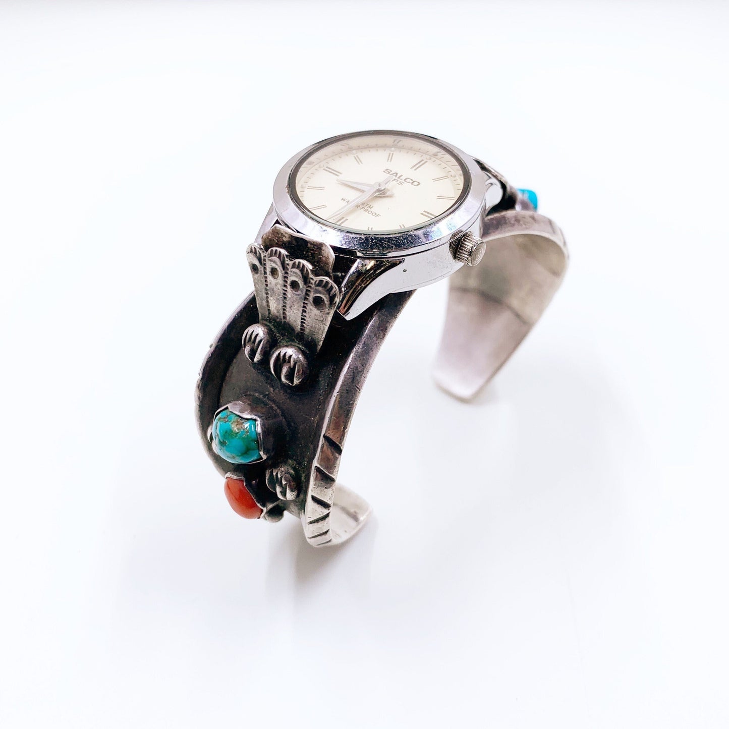 Vintage Silver Turquoise and Coral Watch Cuff | Southwest Silver Watch Cuff Bracelet