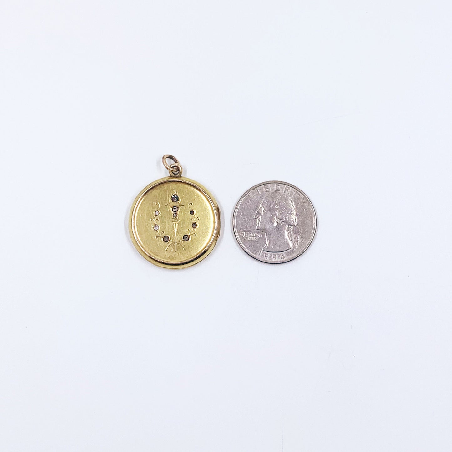 Antique Gold Filled Round Locket | Engraved Paste Torch and Wreath Locket | CES Monogram Locket