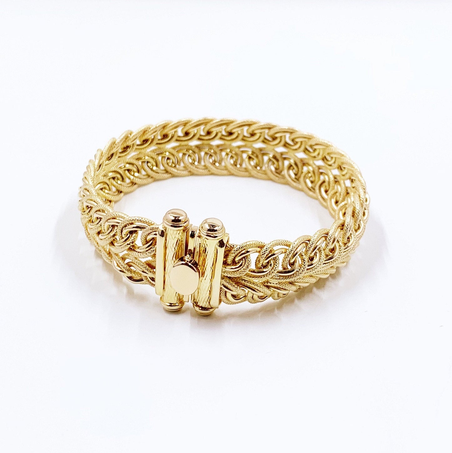 Vintage 14k Italian Gold Textured Link Woven Bracelet | 7.6875 inch Gold Bracelet | 14.8 mm Bracelet