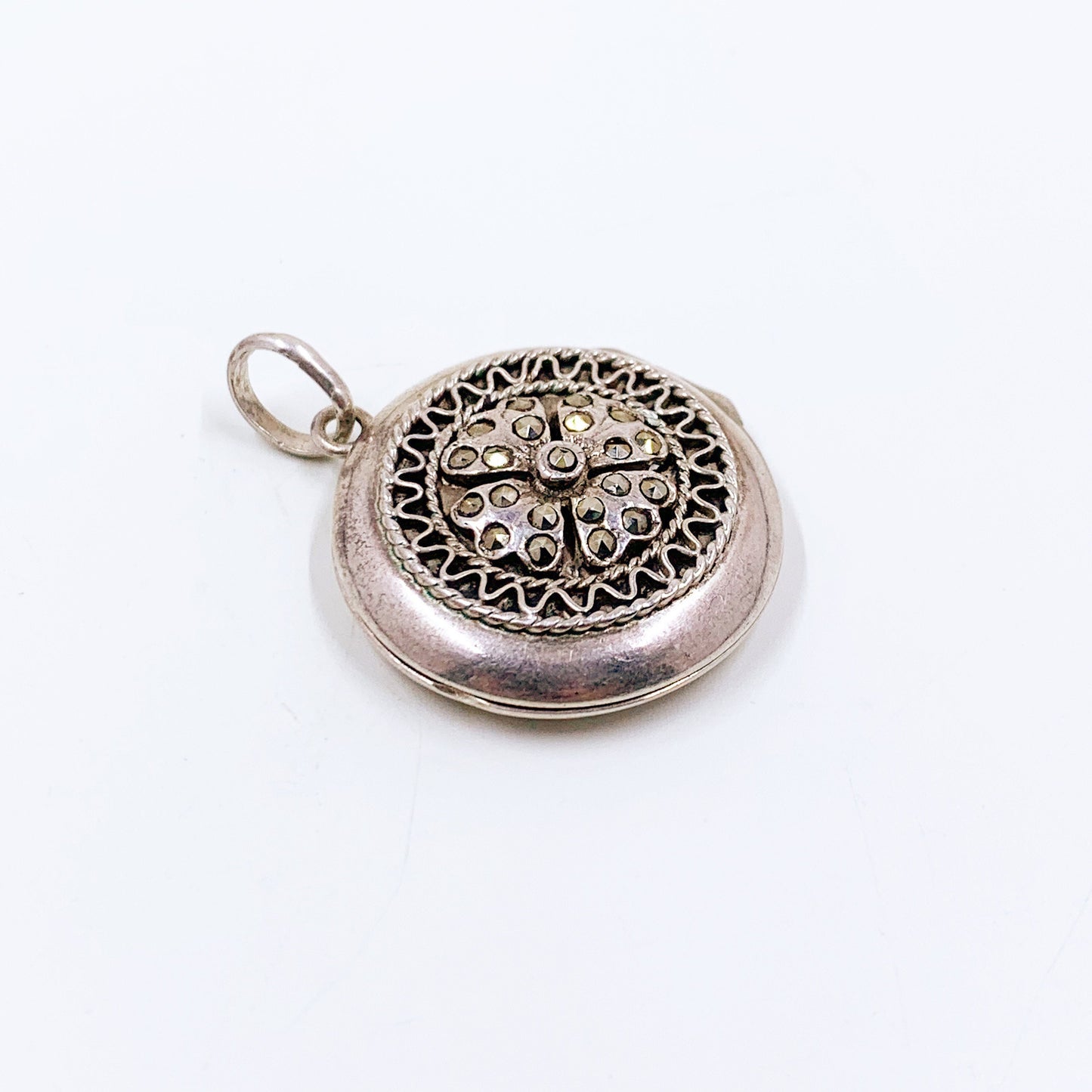 Vintage Silver Marcasite Four Leaf Clover Locket | Marcasite Shamrock Locket Pendant