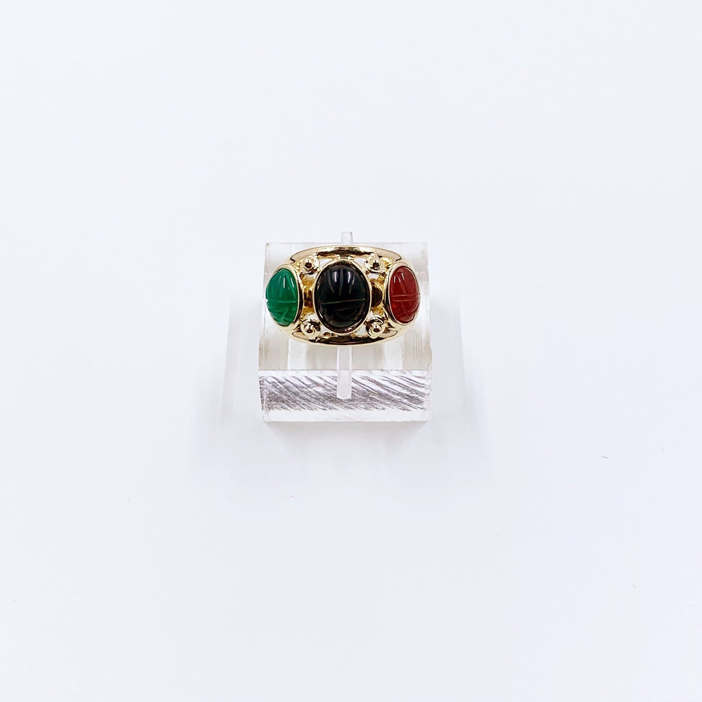 Vintage 14k Gold Three Stone Scarab Ring | Scarab Statement Ring | Carved Scarab Ring | Size 7/14 Ring