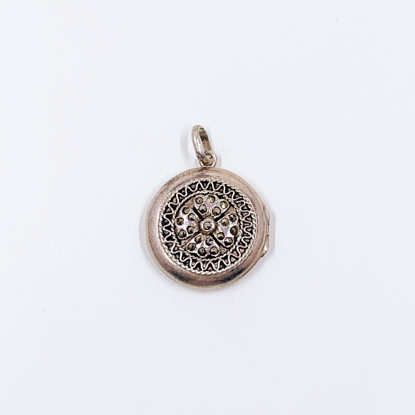 Vintage Silver Marcasite Four Leaf Clover Locket | Marcasite Shamrock Locket Pendant