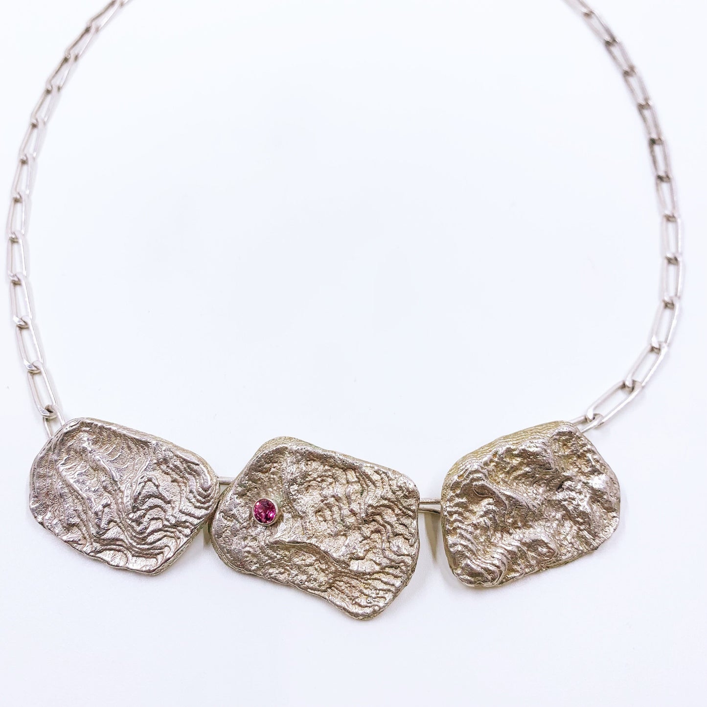 Silver Modernist Cuttlebone Necklace | Cuttlefish Hand Cast Necklace | Pink Stone Necklace