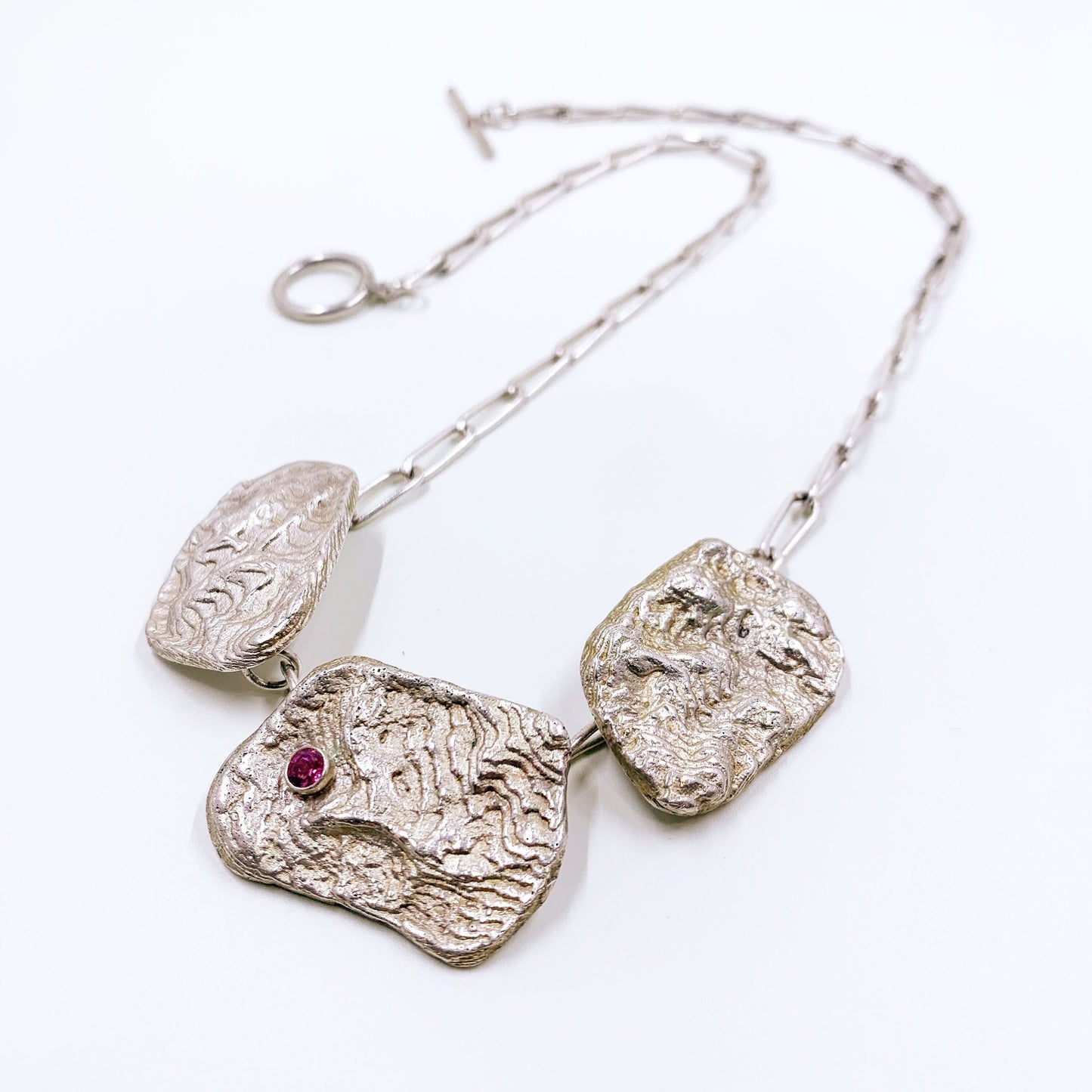 Silver Modernist Cuttlebone Necklace | Cuttlefish Hand Cast Necklace | Pink Stone Necklace