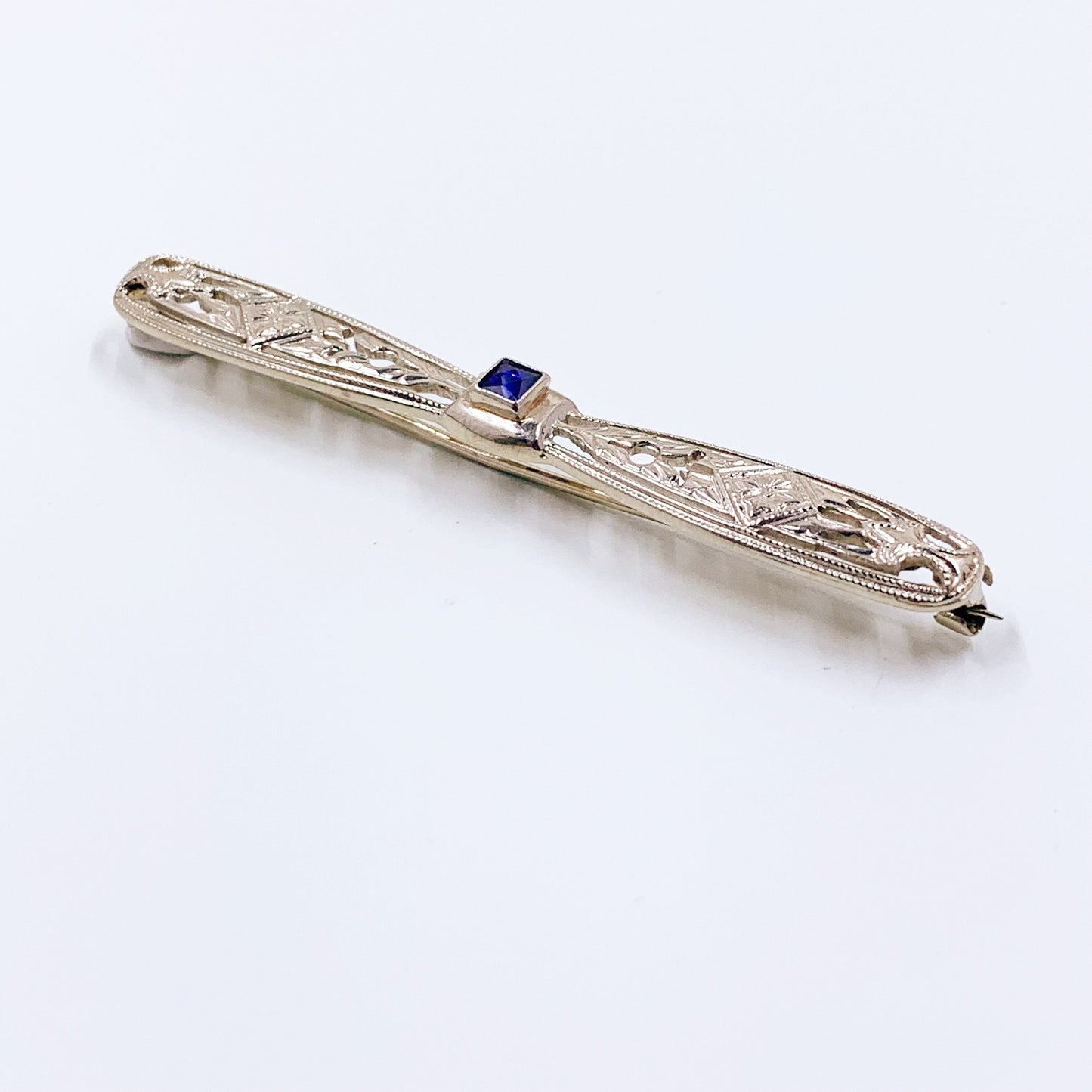 Art Deco 14K White Gold Sapphire Bar Brooch