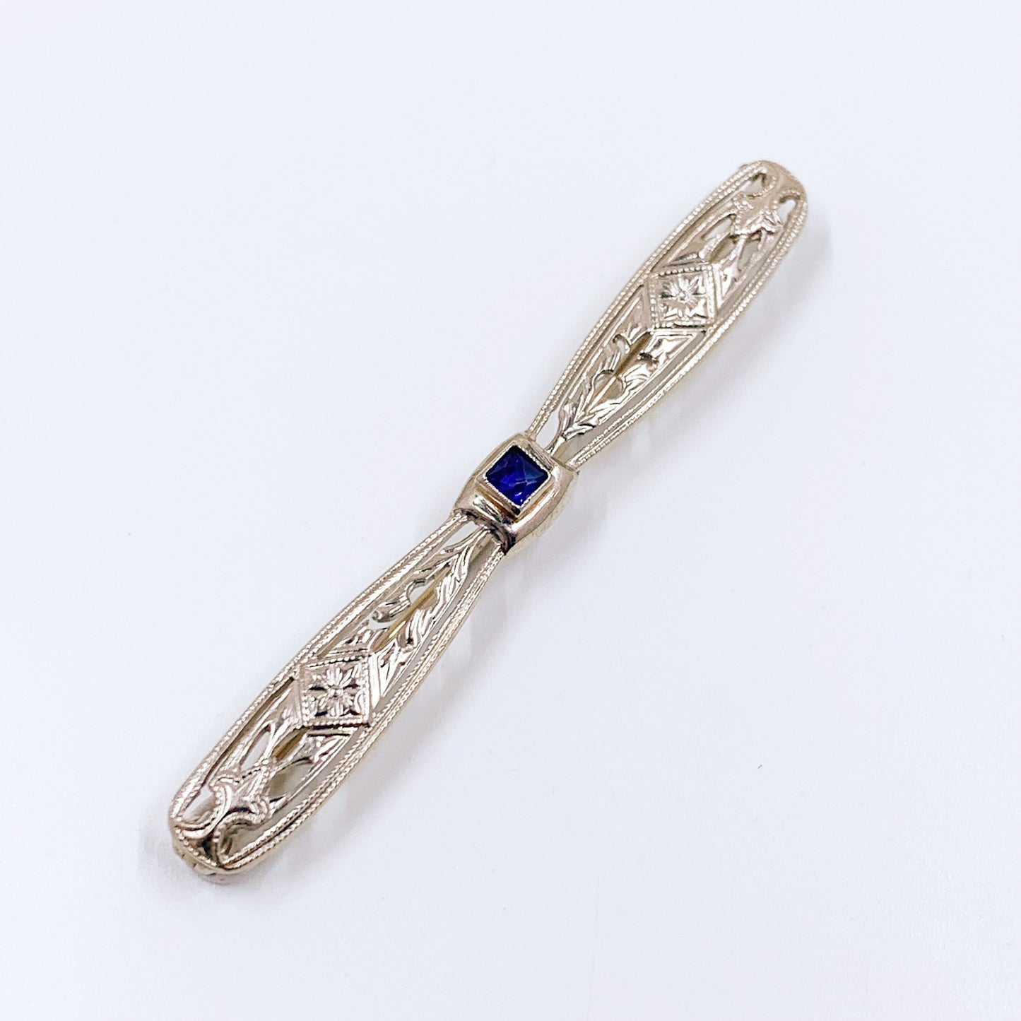 Art Deco 14K White Gold Sapphire Bar Brooch