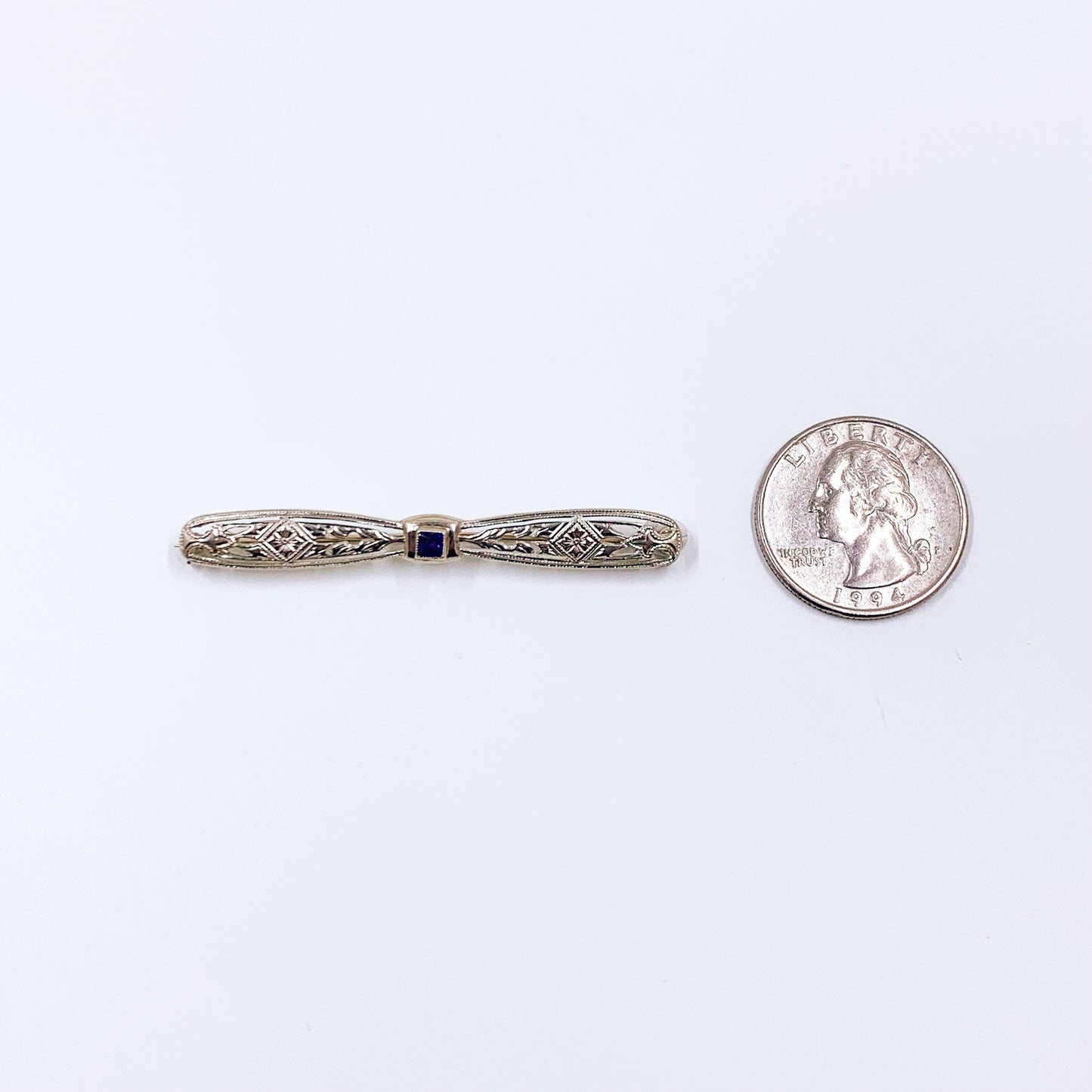 Art Deco 14K White Gold Sapphire Bar Brooch