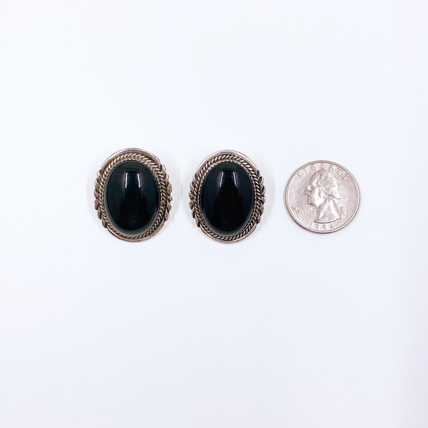 Vintage Silver Large Oval Onyx Earrings | Signed L. Spencer Native American Onyx Earrings | Black Onyx Large Studs