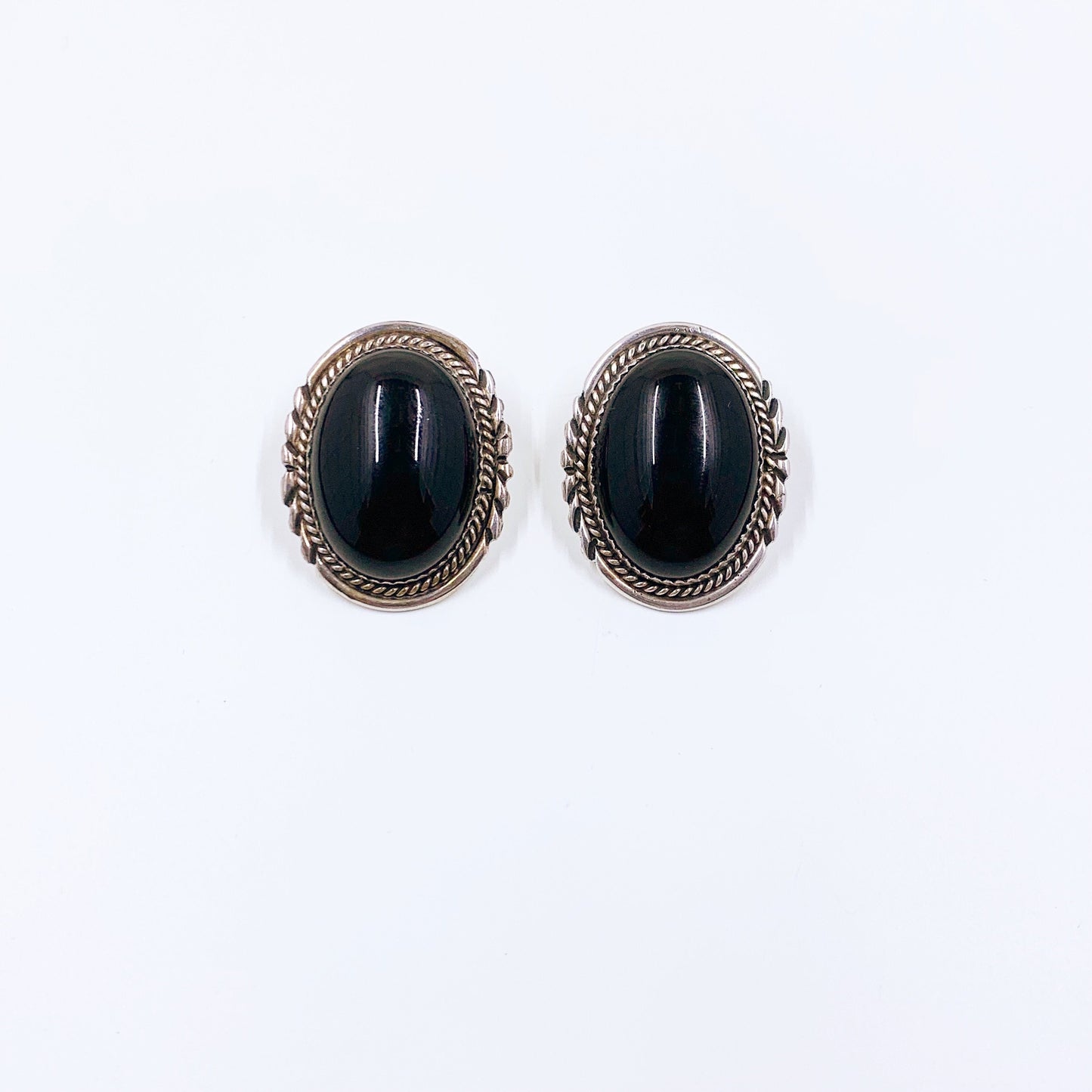 Vintage Silver Large Oval Onyx Earrings | Signed L. Spencer Native American Onyx Earrings | Black Onyx Large Studs