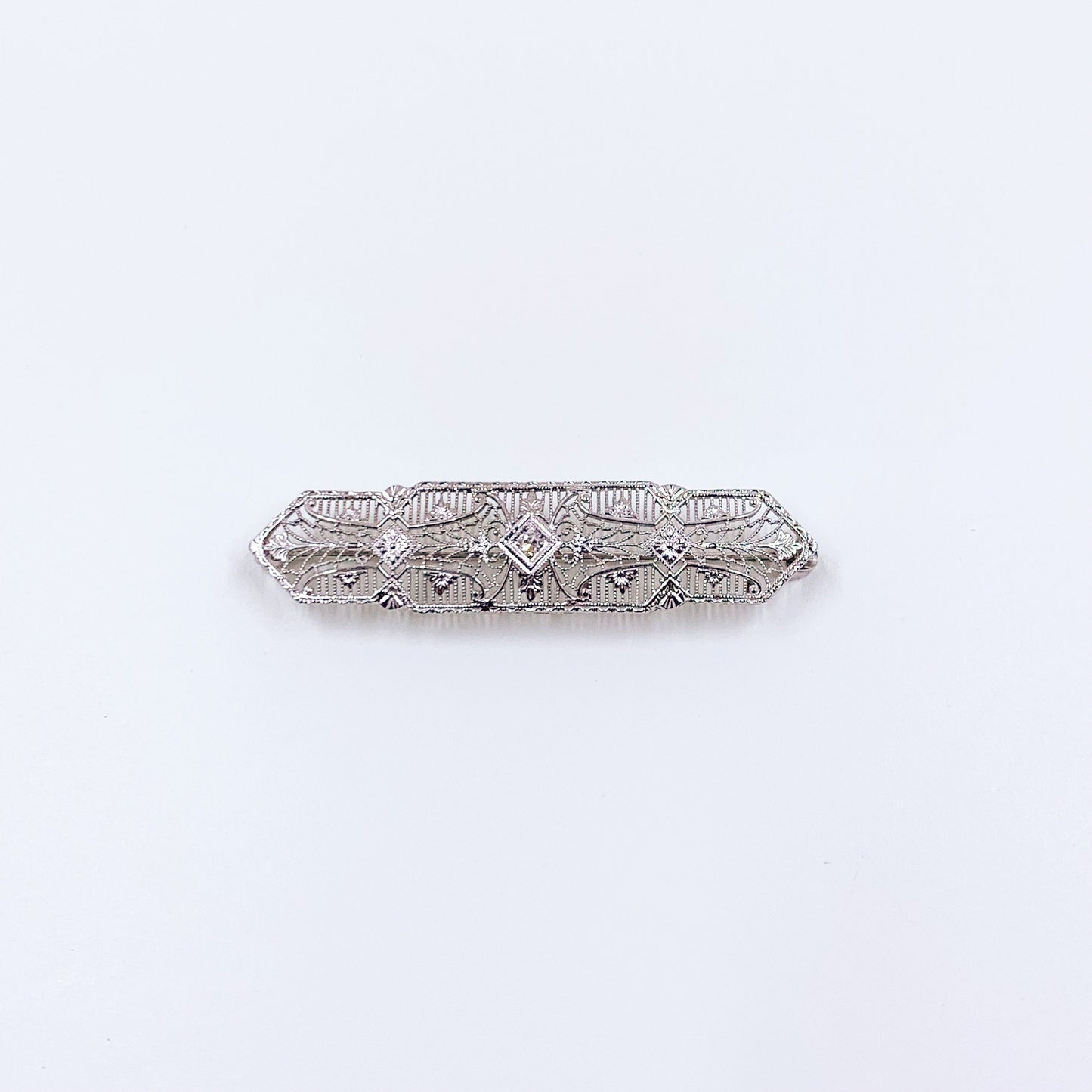 Art Deco 10K Filigree Milgrain Diamond Bar Brooch