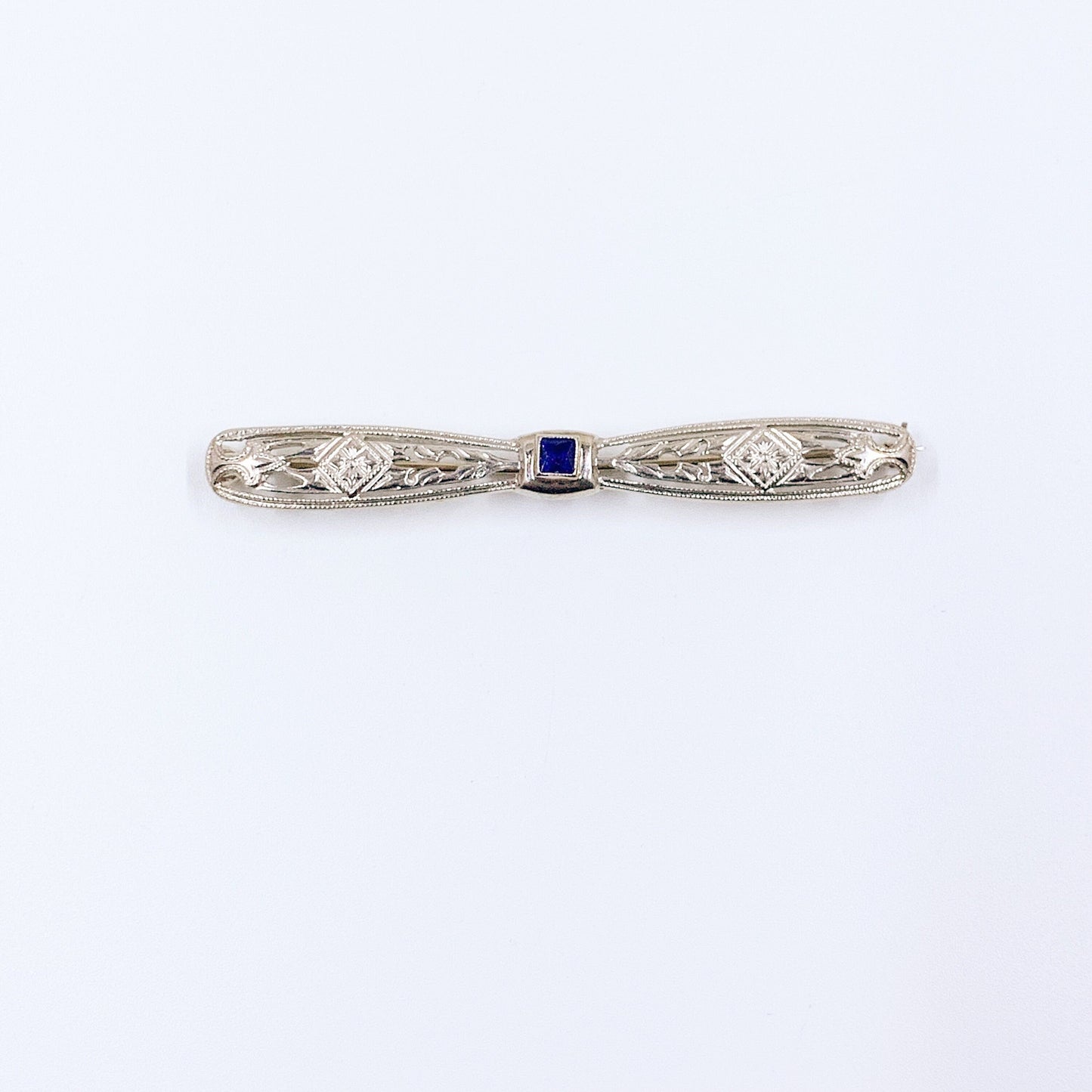 Art Deco 14K White Gold Sapphire Bar Brooch