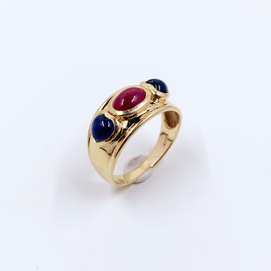 Estate 14k Gold Sapphire Heart and Ruby Cabochon Ring | Size 7.25 Ring
