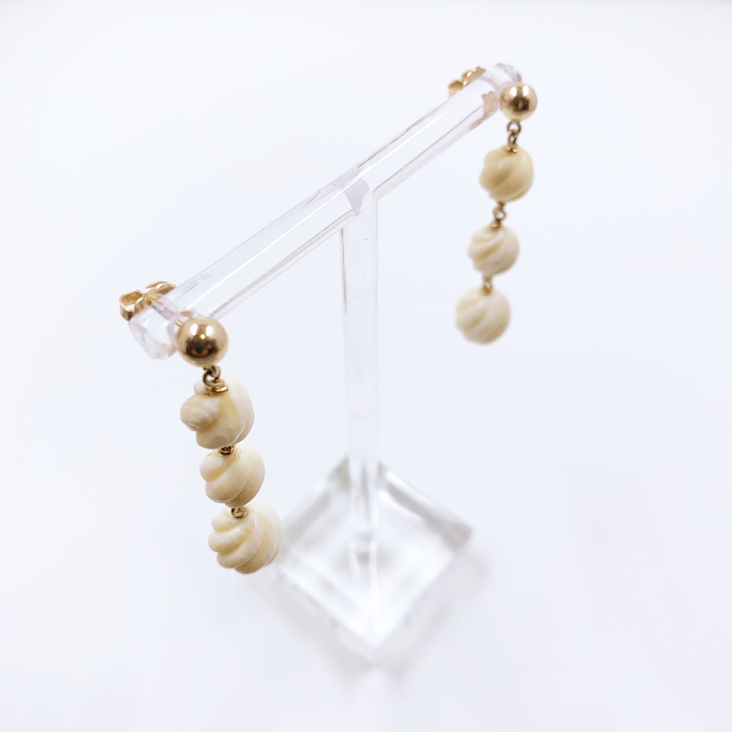 Vintage 14K Gold Carved Bone Bead Drop Earrings | Classic Drop Earrings | 14K Dangle Earrings