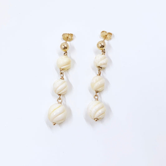 Vintage 14K Gold Carved Bone Bead Drop Earrings | Classic Drop Earrings | 14K Dangle Earrings