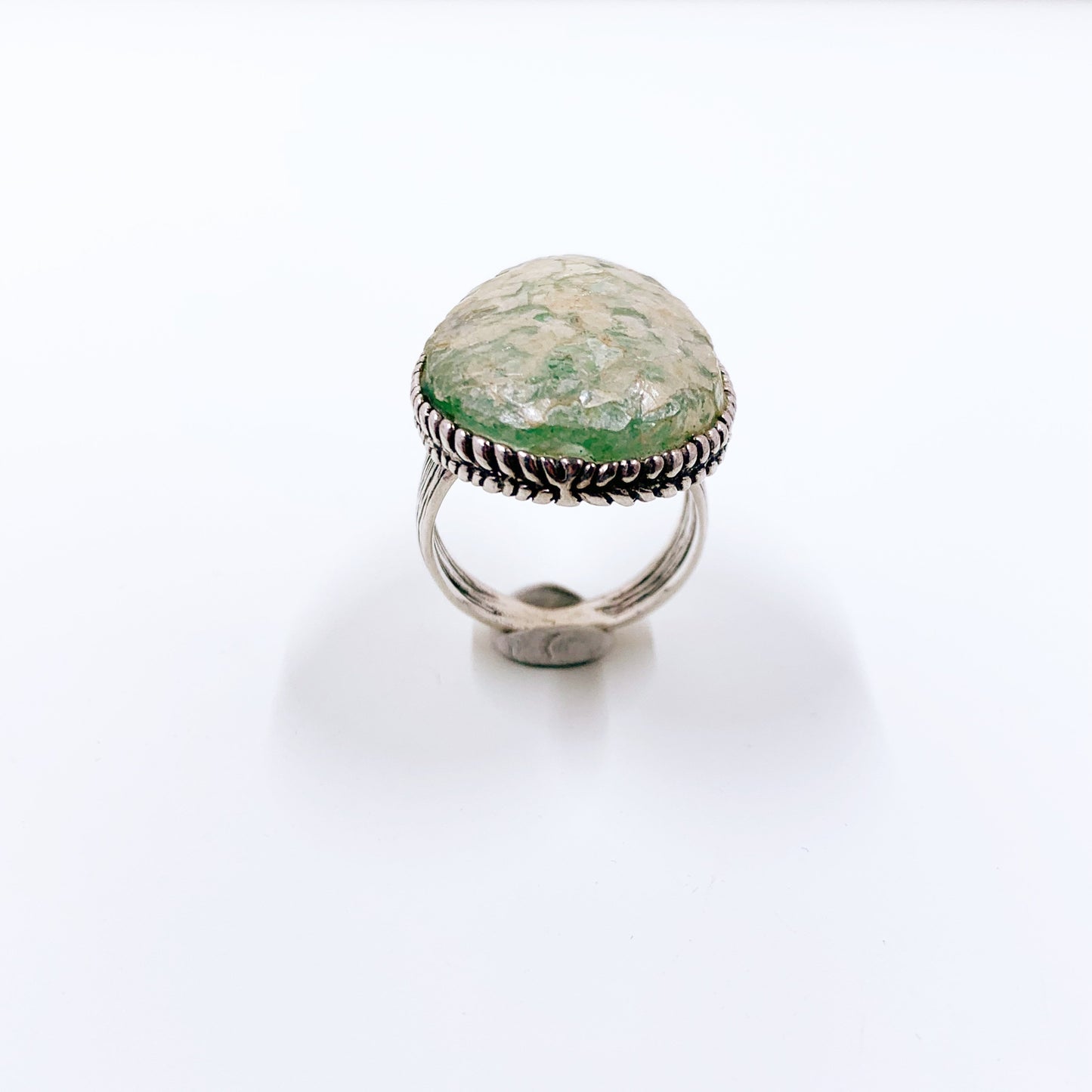 Modernist Silver Tear Drop Roman Glass Ring | Israeli Roman Glass Silver Ring | Size 8 1/4 Ring