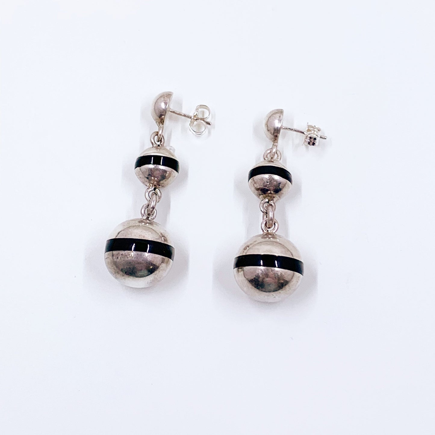 Vintage Silver Modernist Ball Drop Earrings | Mexican Silver Ball Orb Earrings