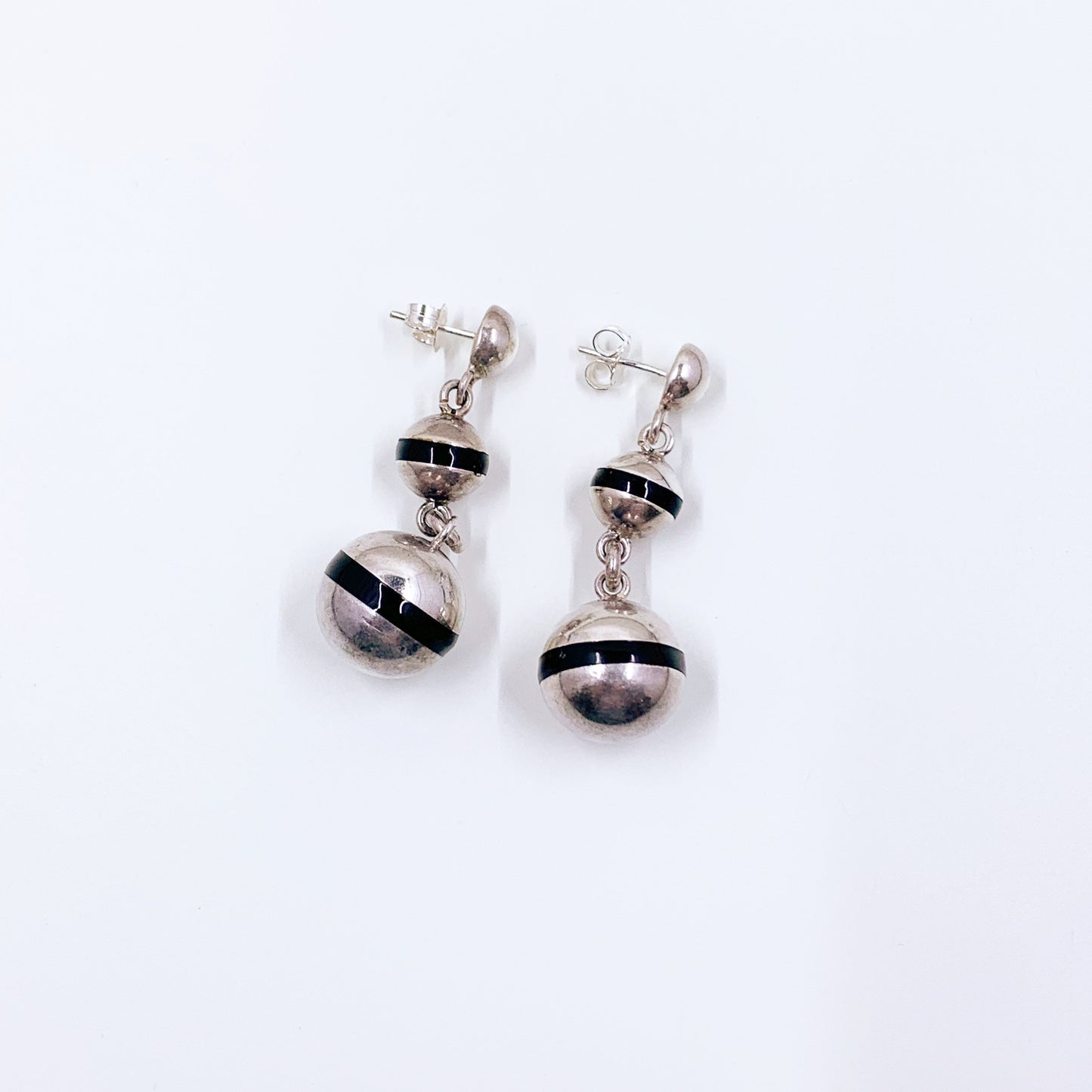 Vintage Silver Modernist Ball Drop Earrings | Mexican Silver Ball Orb Earrings