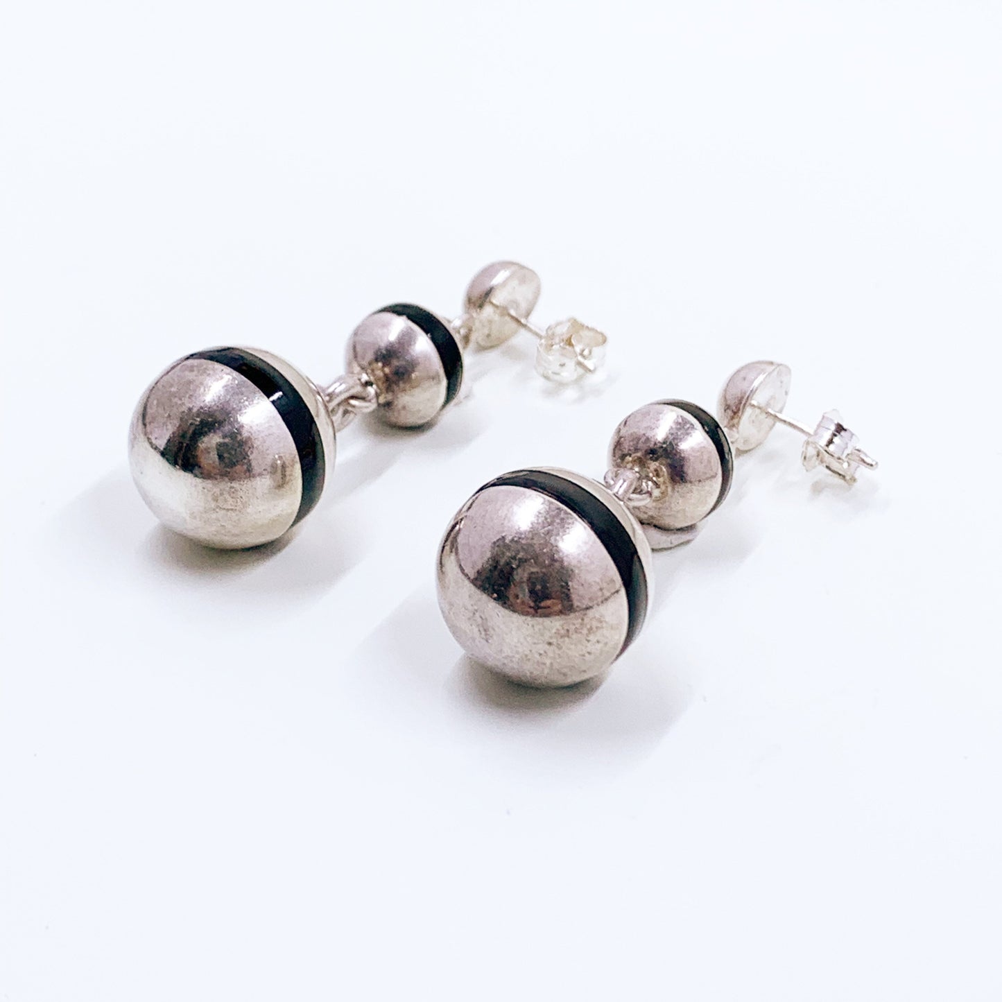 Vintage Silver Modernist Ball Drop Earrings | Mexican Silver Ball Orb Earrings