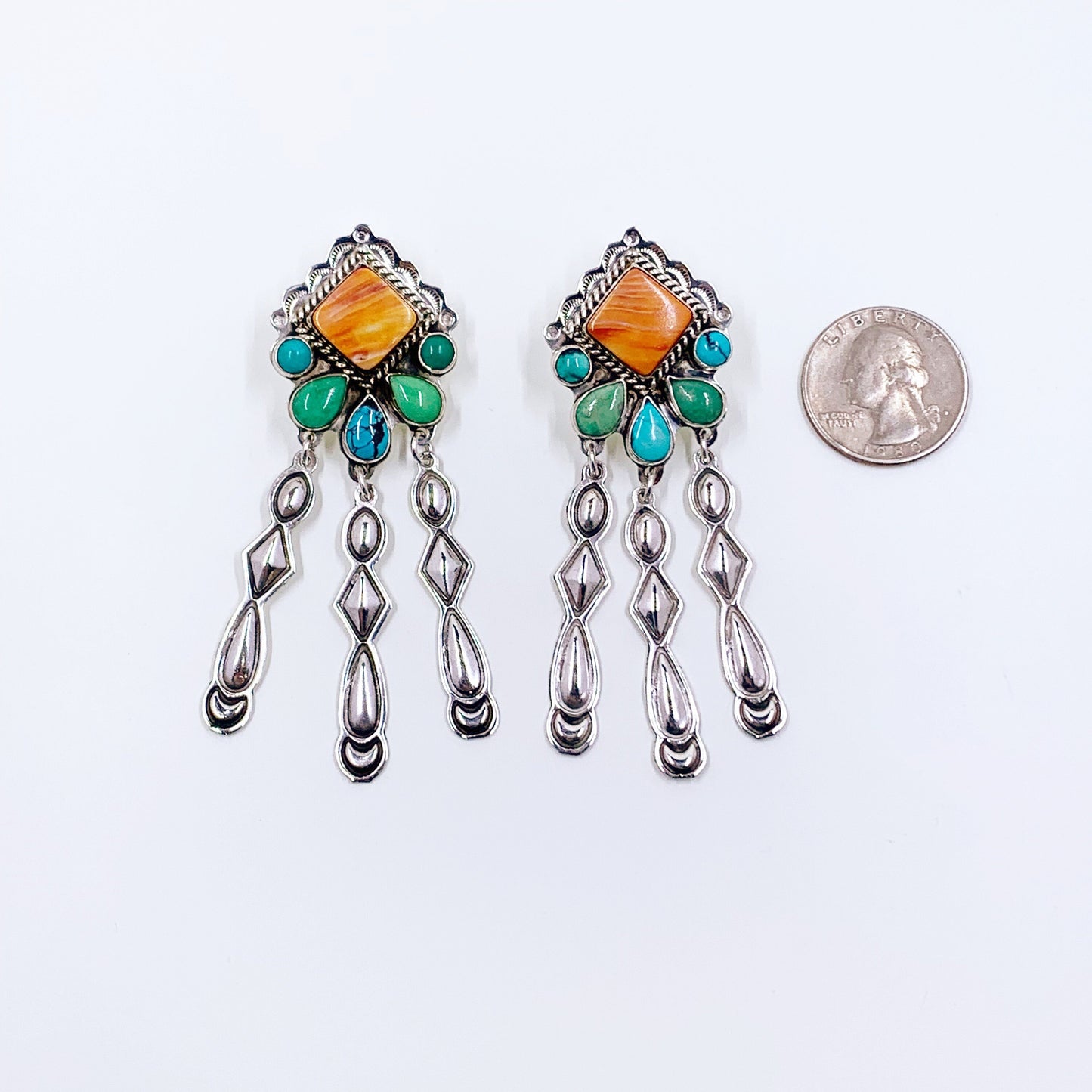 Estate Sterling Navajo Spiny Oyster and Turquoise Drop Earrings | Donald Douglas Navajo Multi-Stone Dangle Earrings