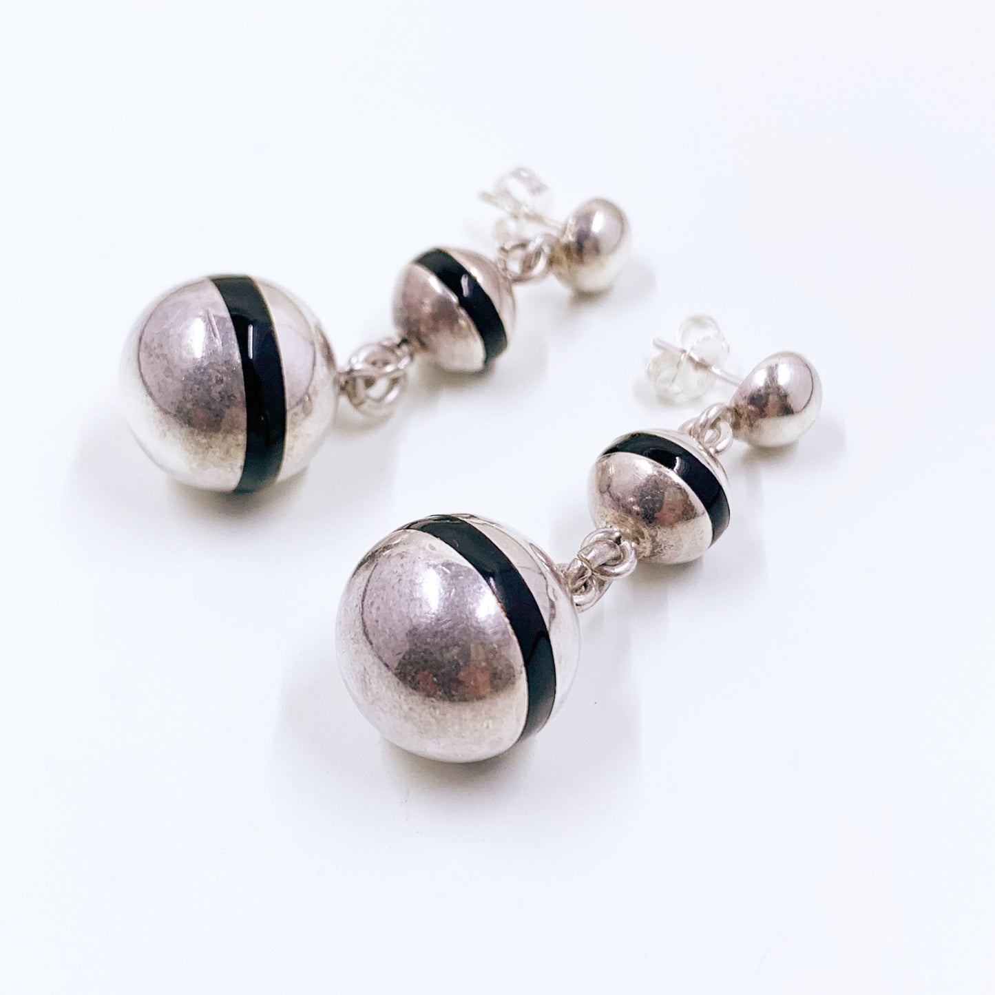 Vintage Silver Modernist Ball Drop Earrings | Mexican Silver Ball Orb Earrings